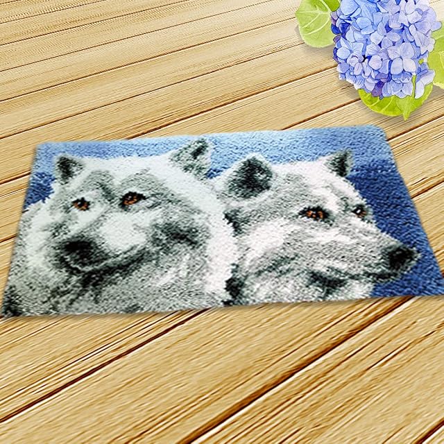 ebulous Latch Hook Rug Kits, DIY Crochet Yarn Cushion for Home Decoration, Latch Hooking Craft Kit for Adults Kids with Color Pre Printed Canvas Pattern Design (Wolf, 20 x 15 in)