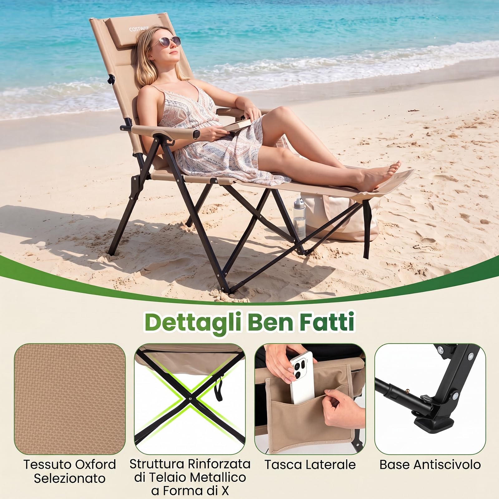 COSTWAY Sedia da Campeggio Pieghevole, Sedia a Sdraio con Poggiapiedi, Schienale Regolabile, Poggiatesta e Tasca Laterale, Portata 150 kg, Sdraio da Esrerno per Giardino e Spiaggia (Kaki)