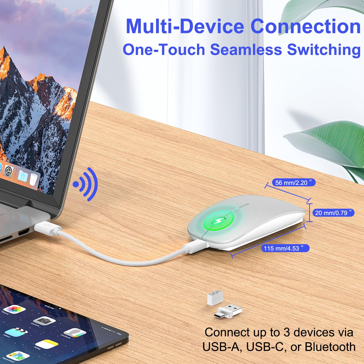 Bluetooth Wireless Mouse for MacBook Air Mac Pro Laptop Computer Pad Optical Rechargeable Slim Silent Tri-Mode (2.4G USB-C/USB-A&Bluetooth 5.2/3.0) Mouse Jiggler for Computer Awakening - Silver