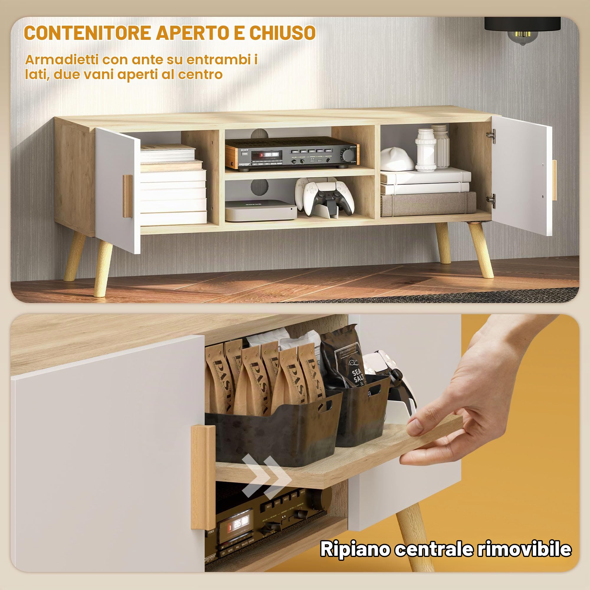 HOMCOM Mobile TV fino 50 pollici 2 armadi 110x36.2x42 cm Rovere bianco