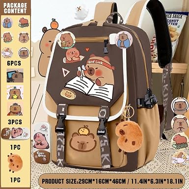 Sac à Dos École Capybara HarnyLoom - Compartiment A4, Rembourré, Résistant à L'Eau - Cadeau Enfant 3-12 Ans