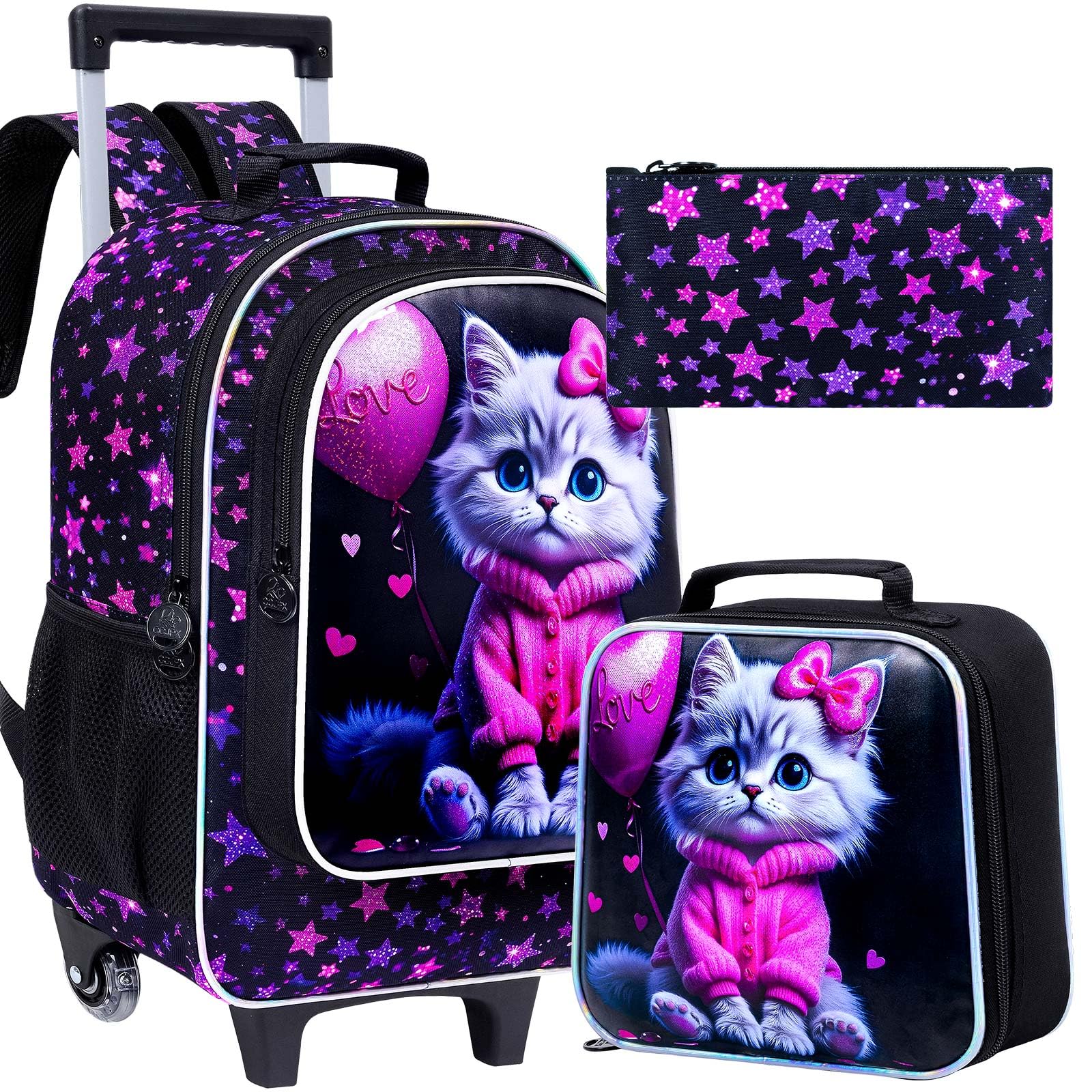 CCJPX 3Pcs Cat Rolling Backpack for Girls, 18" Kids Wheeled Bookbag with Lunch Box, Lightweight Roller School Bag for Elementary Preschool (Black)
