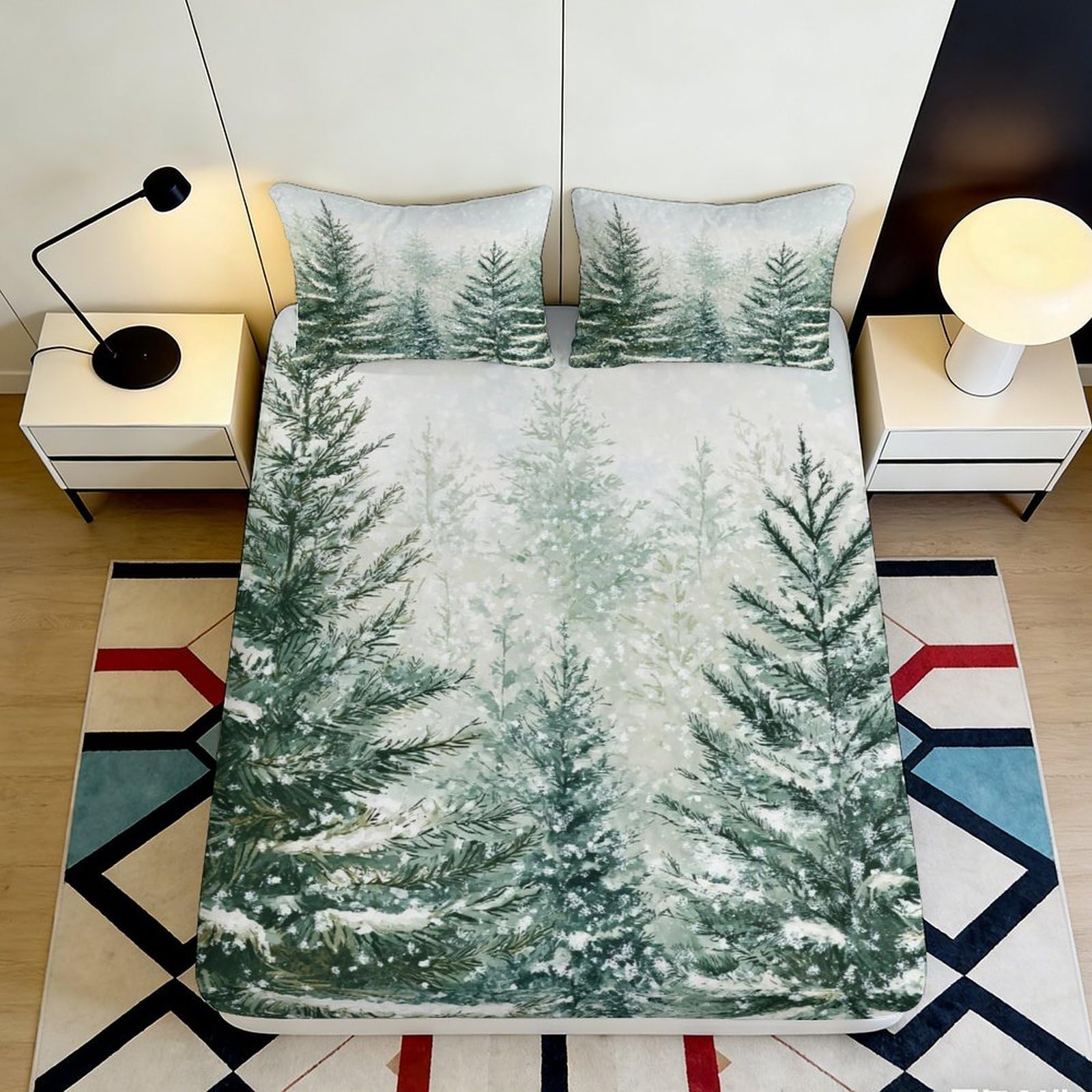 3D Printed Snowy Pine Forest Fitted Sheet Microfiber Soft Mattress Cover for Bedroom Guest Room Mattress Protection Decor 140x200x25cm