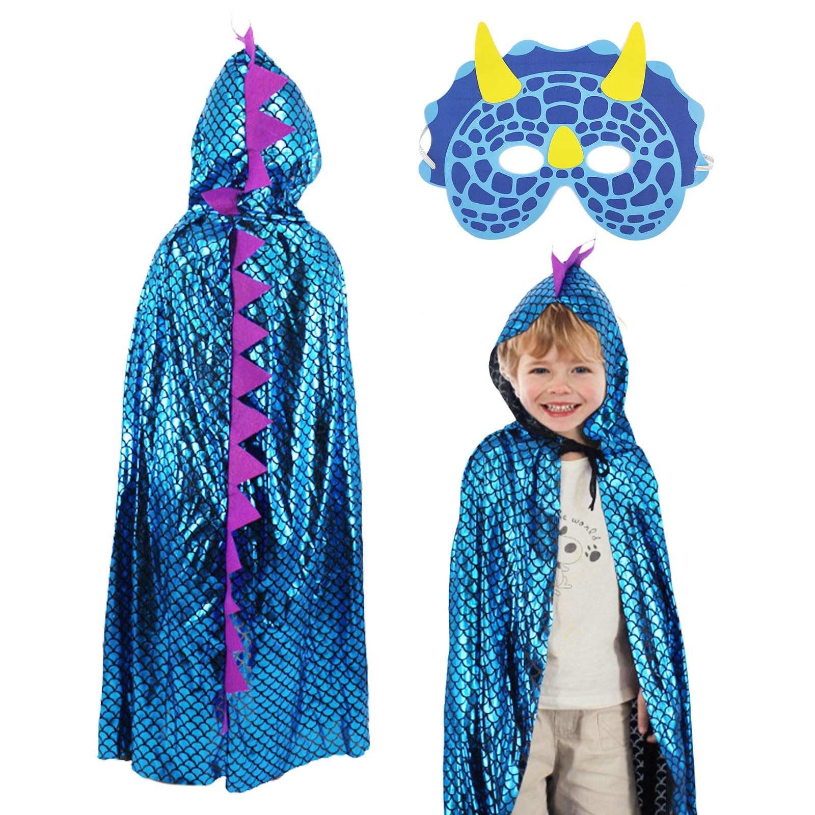 Dinosaur Cape Halloween Kids Dragon Costume Fancy Dress Up with Mask Hooded Robe Cloak Performance Cloak Dinosaur Party Birthday Party Cosplay Theme Party Masquerade for Girls Boys
