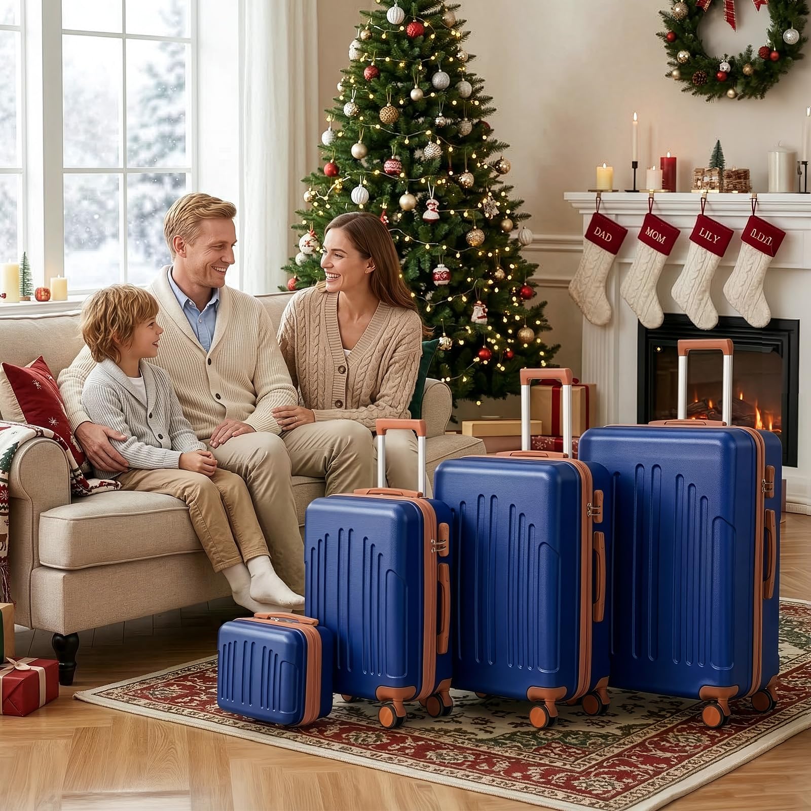 LEADZM Set di Valigie Rigide 4 Pezzi con Beauty Case, Set Valigie in ABS, Luggage Suitcase Grande 23 kg con 4 Ruote Girevoli Doppie (Blu Navy-Marrone)