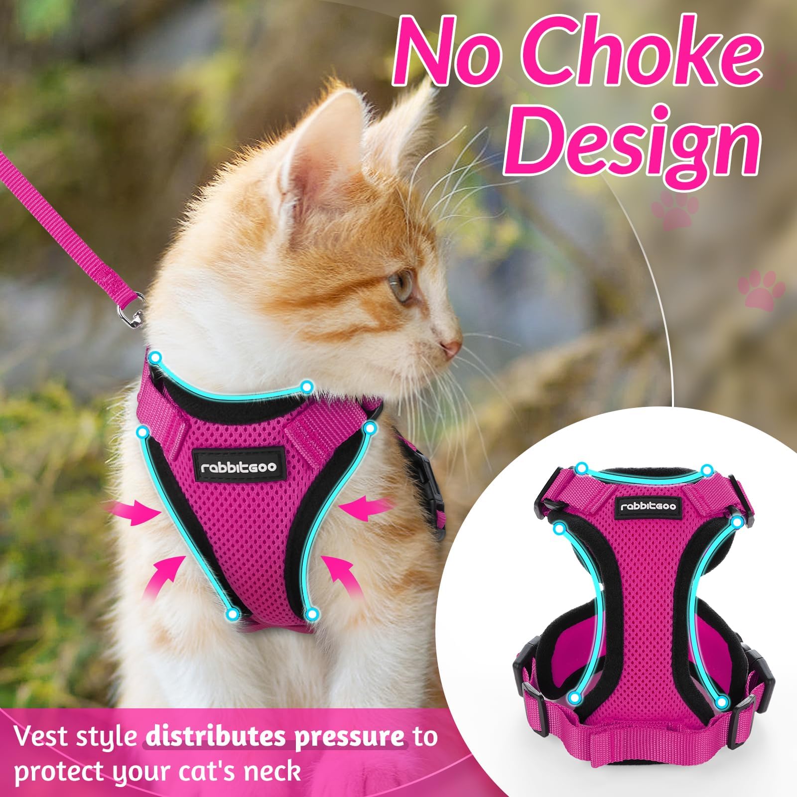 rabbitgoo Pettorina Gatto Antifuga con Guinzaglio, Guinzaglio per Gatti Regolabile, Pettorina Cane Taglia Piccola Riflettente, Imbracatura Gatto Adulto in Maglia Traspirante, Rosa Rossa, XS
