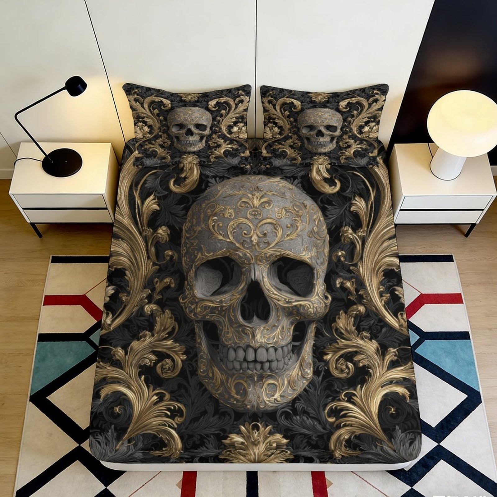 Jqzkxnhpbr Style-2 3D Printed Skull Baroque Fitted Sheet Microfiber Soft Gothic Bedroom Decor Vintage Mattress Cover 90X200x25cm