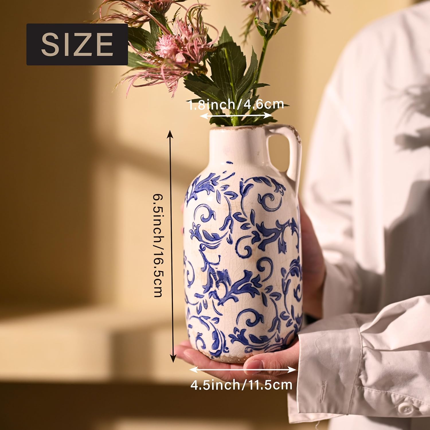 VICTOR & TERESA Blue and White Ceramic Vase for Flowers, Rustic Vase Home Decor for Pampas Grass, Farmhouse Decorative Vases for Mantel, Living Room, Shelf, Centerpieces, 7'', Gifts for Mom - Image 3