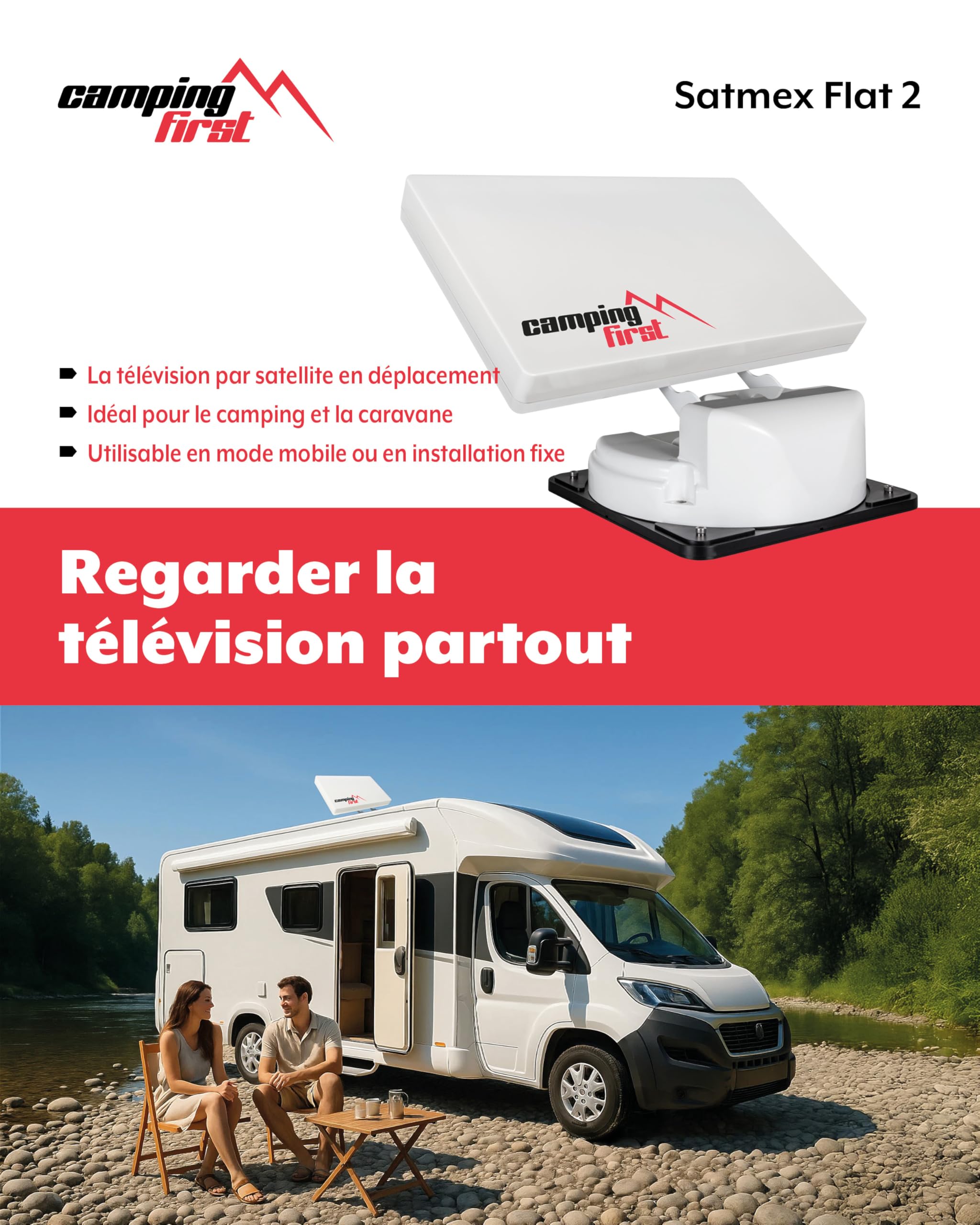 Antenne Satellite de Camping Automatique Flat 2 Blanc pour Caravane et Camping-Car