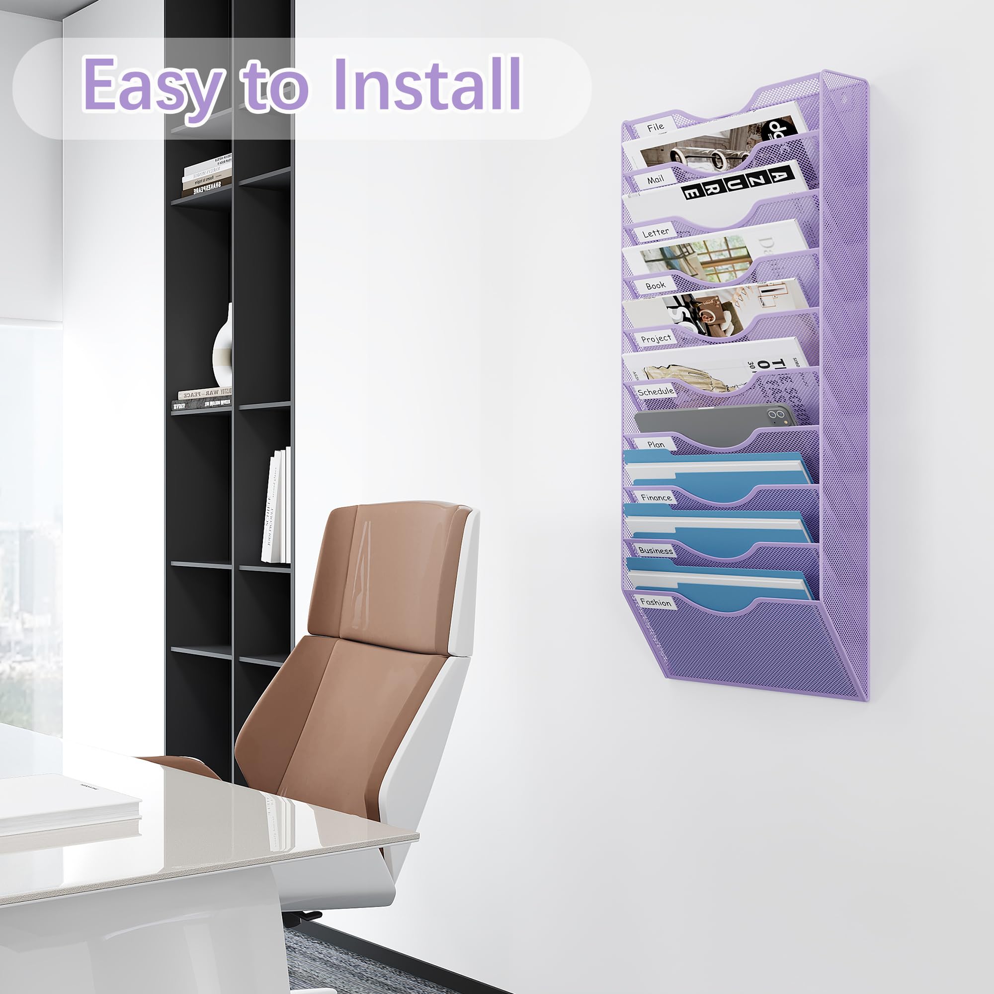 EasyPAG Ordner für Büro, 10 Fächer, Wandhalter, Zeitschriftenhalter, mit 5 Schlüsselhalter-Haken, silberfarben