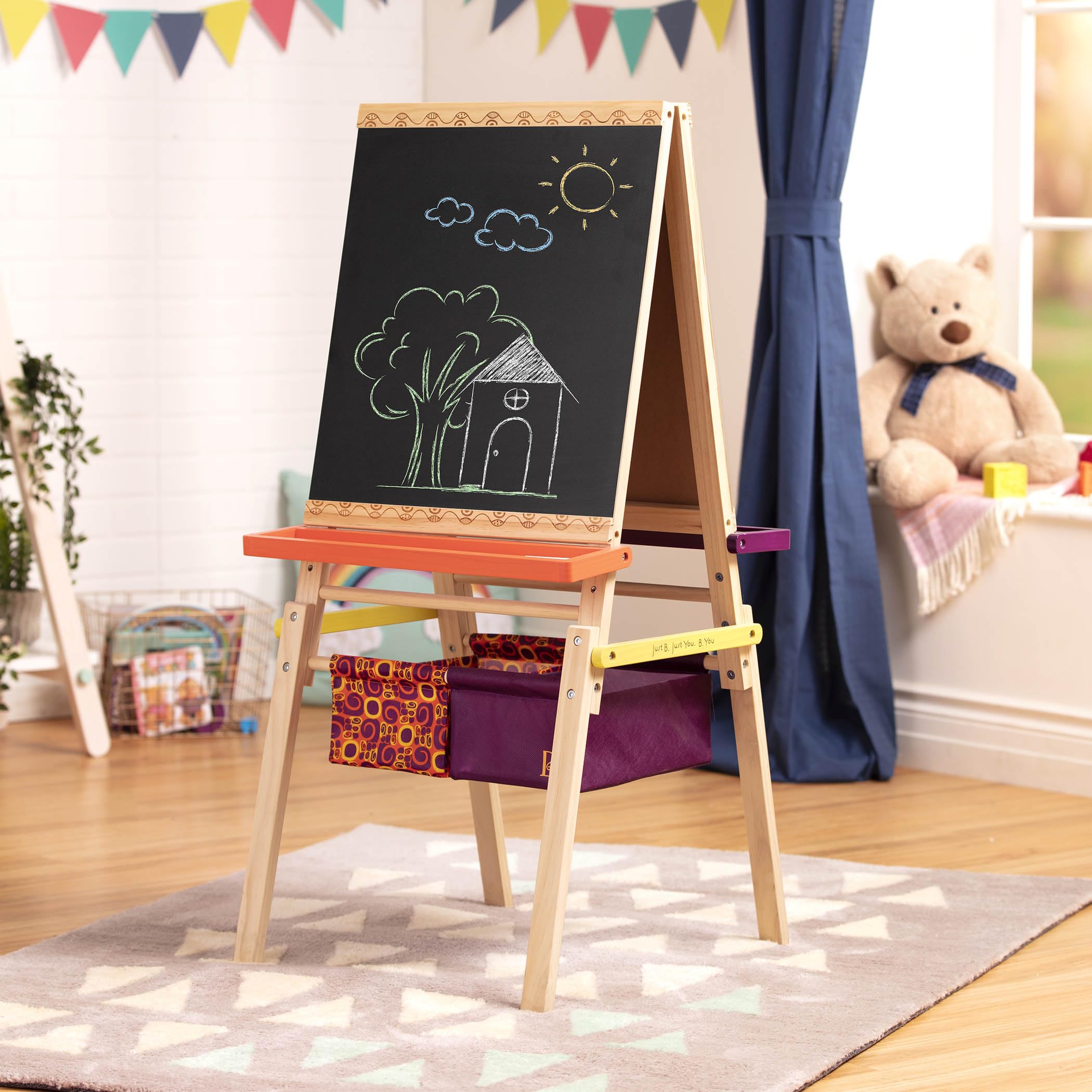 B. toys Tafel Kinder, Maltafel mit Kreidetafel, Whiteboard, Papierhalterungen, Ablagen und 2 Behälter für Zubehör – Staffelei Holz Spielzeug ab 3 Jahre