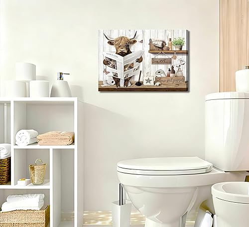 Miniatura 3 de Divertido arte de pared de baño de vaca de las tierras altas, rústico, color marrón, lindo animal, pintura, imagen, decoración de pared, ganado de