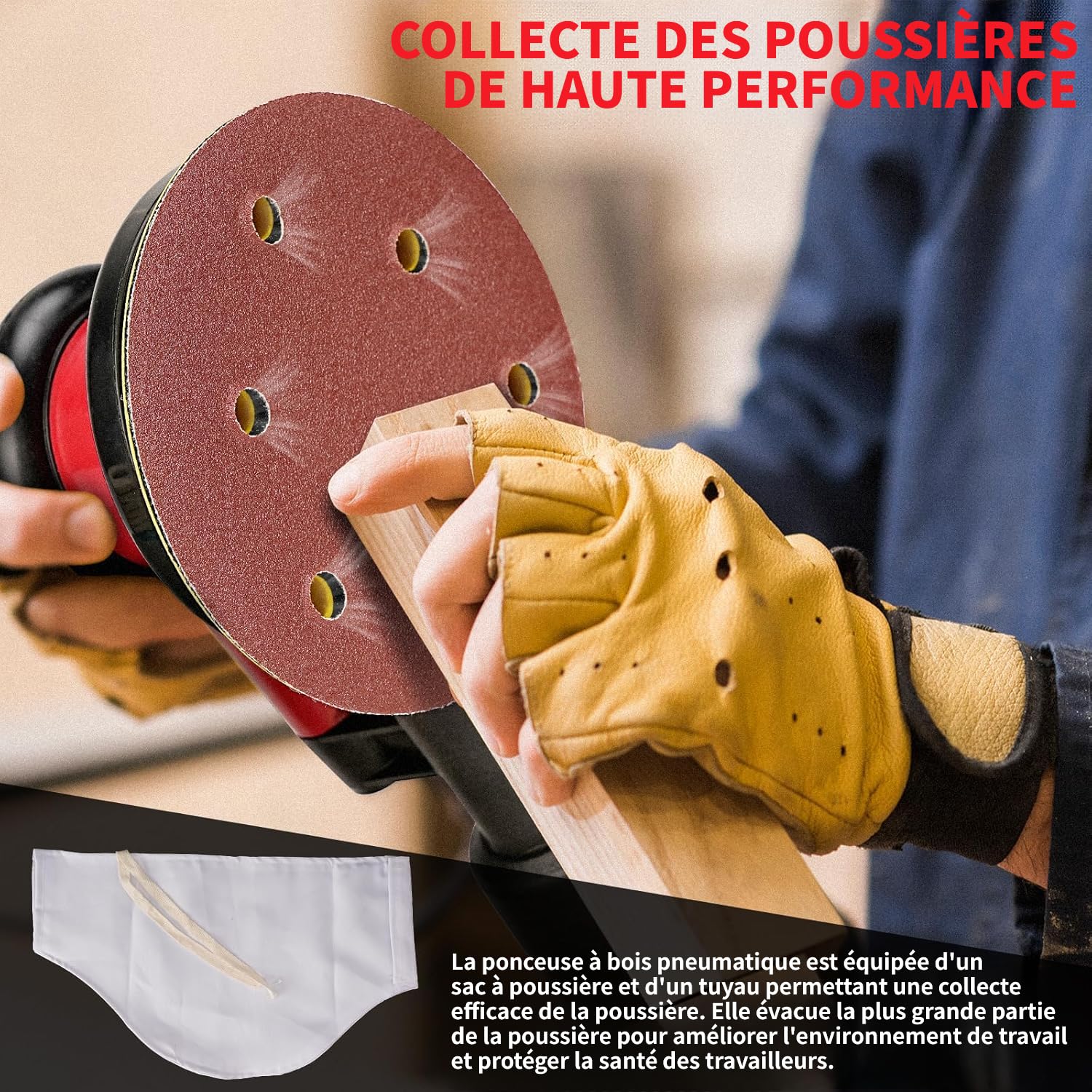 ponceuse pneumatique 5", adaptée au polissage automobile | Vitesse de rotation maximale : 12000 tr/min, léger poids, haut rendement,Avec aspiration intégrée