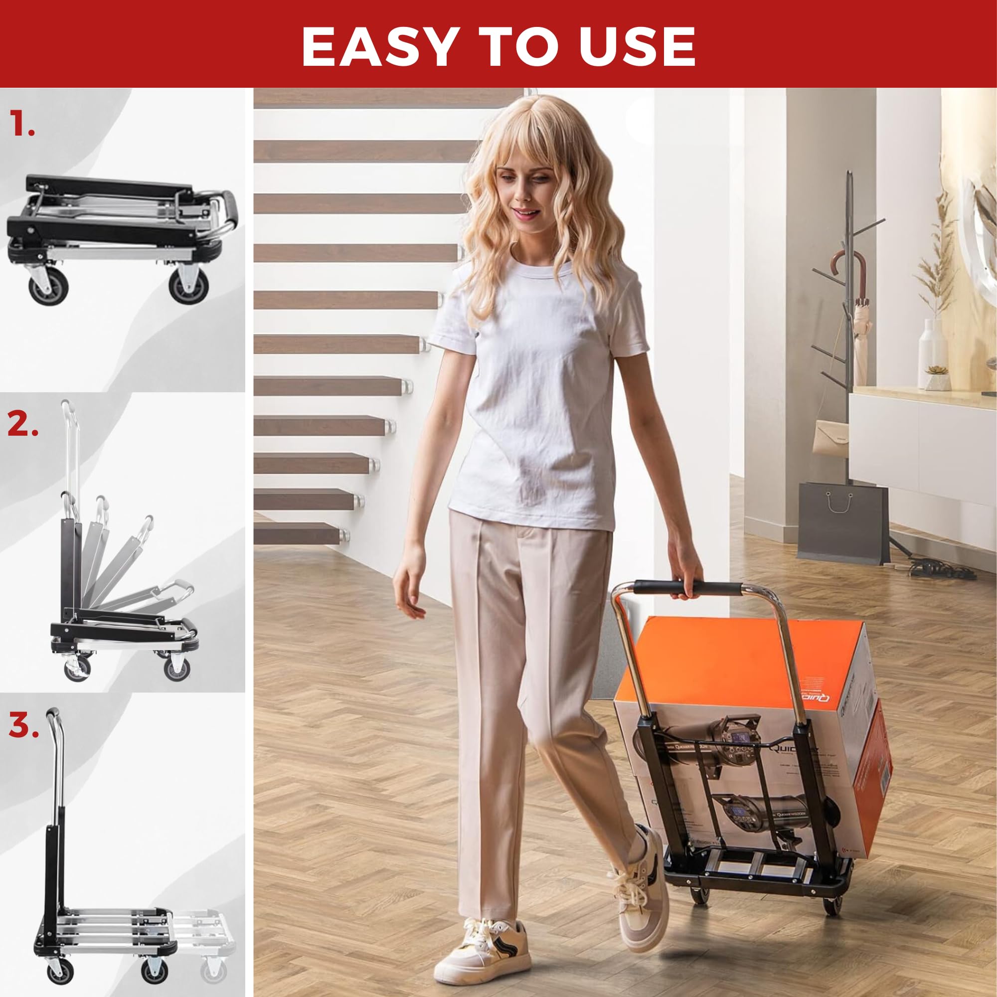 Wózek Transportowy, Aluminiowy Wózek Ręczny, Składany, Wózek Schodowy Wysuwany z 4 Antypoślizgowymi Kółkami, Wózek Platformowy o Udźwigu 150 kg, Idealny do Transportu w Magazynach, Ogrodzie, Domu