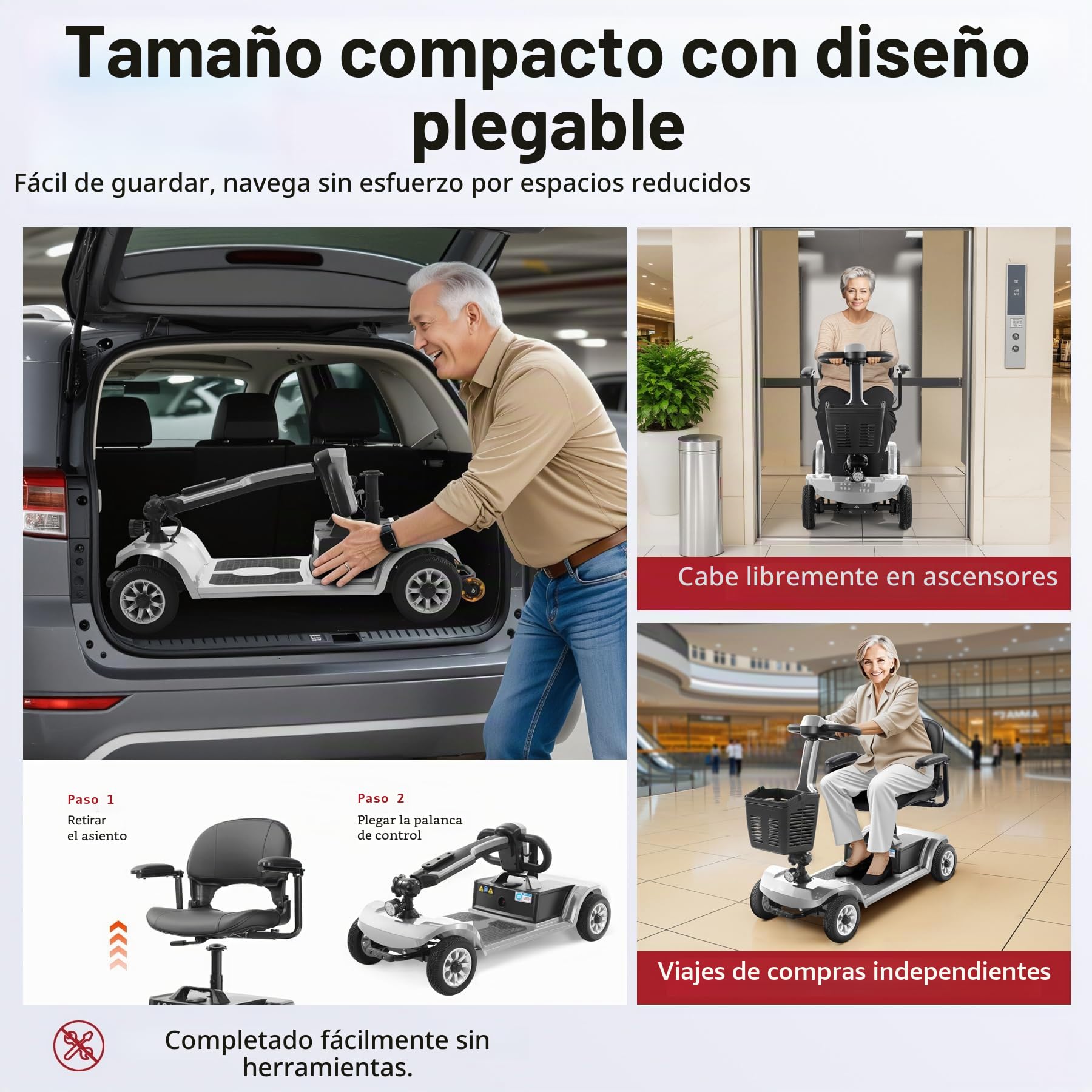 Scooters Eléctricos de Movilidad Vehículo de Movilidad Personal, Ancianos, Batería Extendida de Largo Alcance con Cargador y Cesta (Plateado)