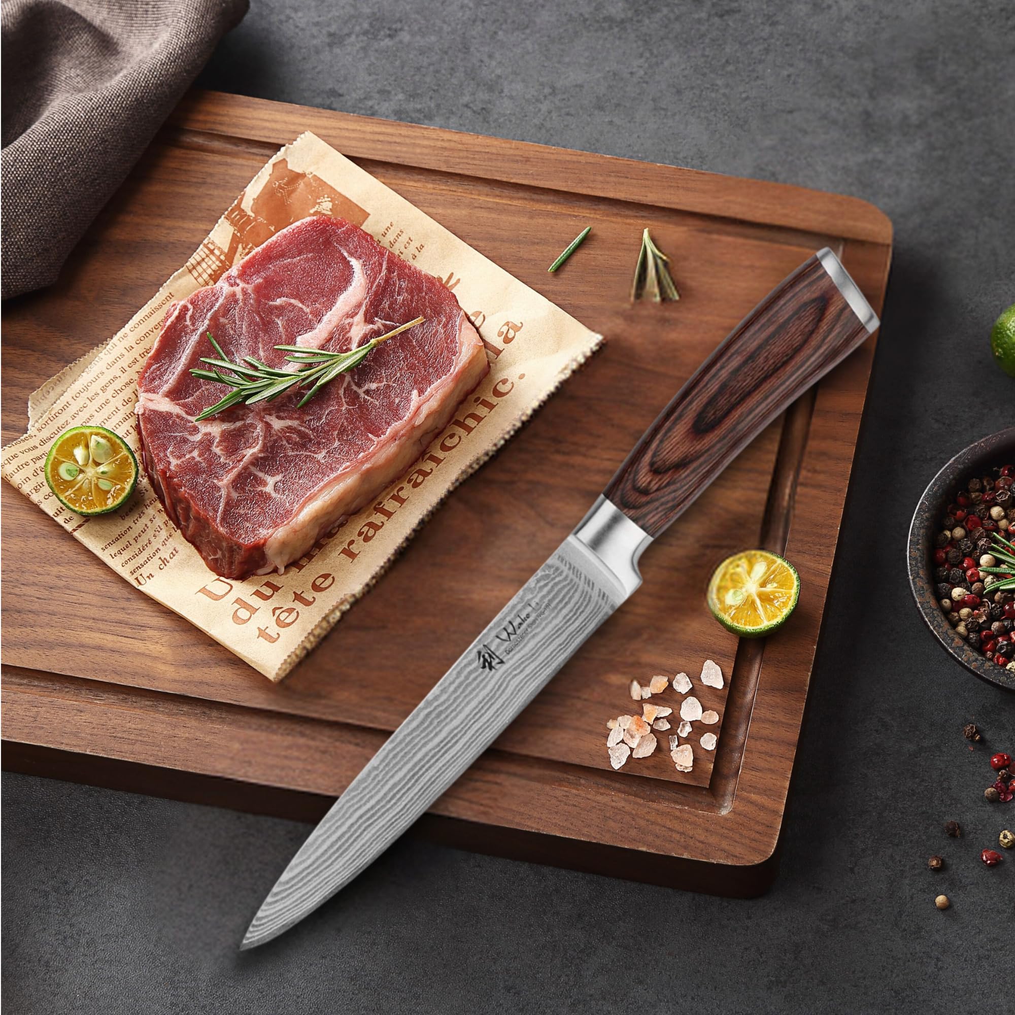 WAKOLI EDIB juego de cuchillos de cocina de 5 piezas con bloque magnético, acero de damasco con núcleo VG10, hojas de 8,5 a 20 cm, chef, Santoku, carne, Santoku pequeño y cuchillo de oficio
