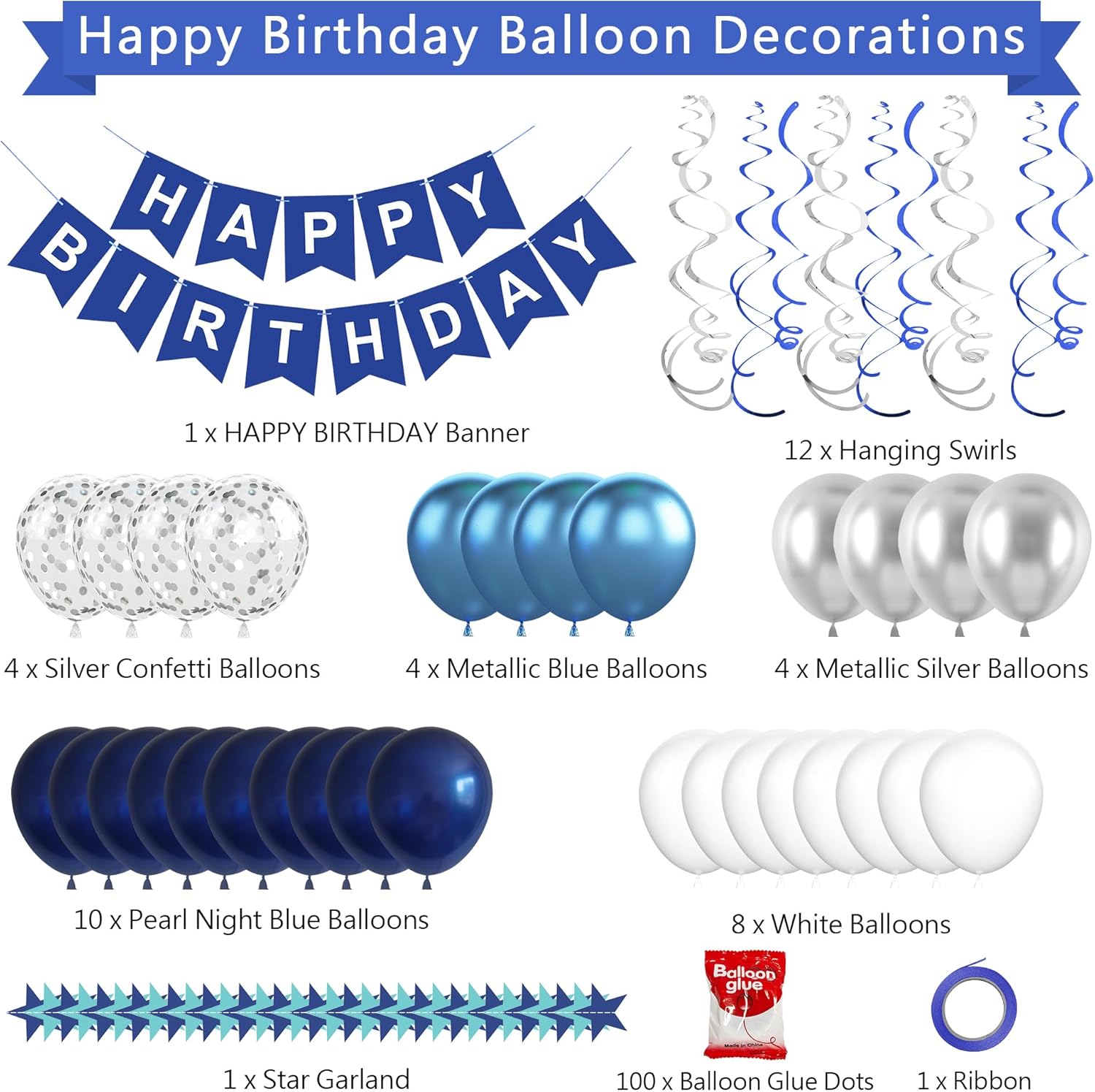 Condition photo showing New/Like New for CANREVEL Blue and White Happy Birthday Decorations, Happy Birthday Banner, Metallic Hanging Swirls, Circle Dots Garland, Party Balloons, Blue and White Birthday Party Supplies Decorations for Men Boys A - Blue White