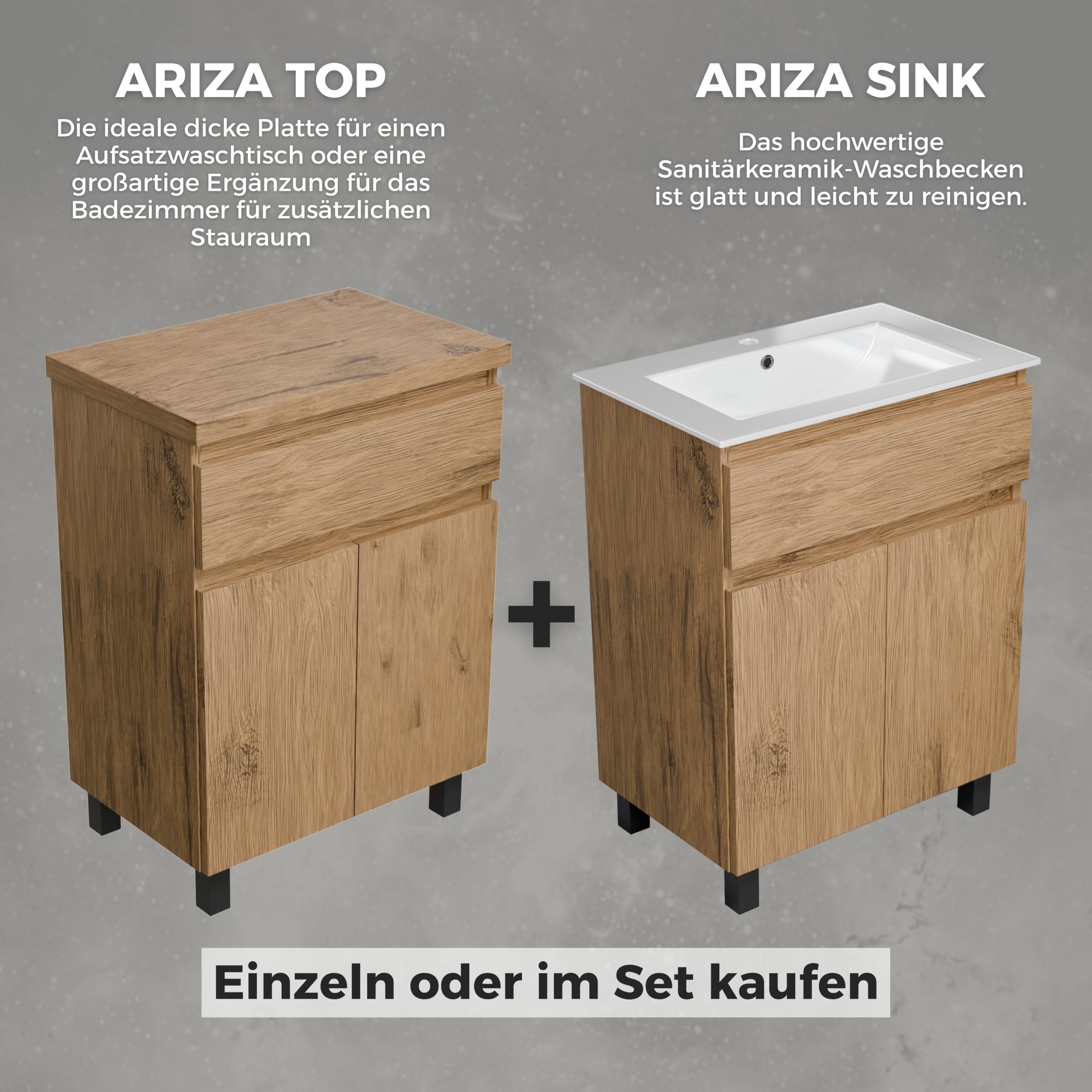 Waschbeckenunterschrank Ariza TOP 60 cm Breite, ohne Waschbecken, Unterschrank mit Schublade, Hängend oder Stehend, für Aufsatzwaschbecken - Holz/Eiche Lancelot
