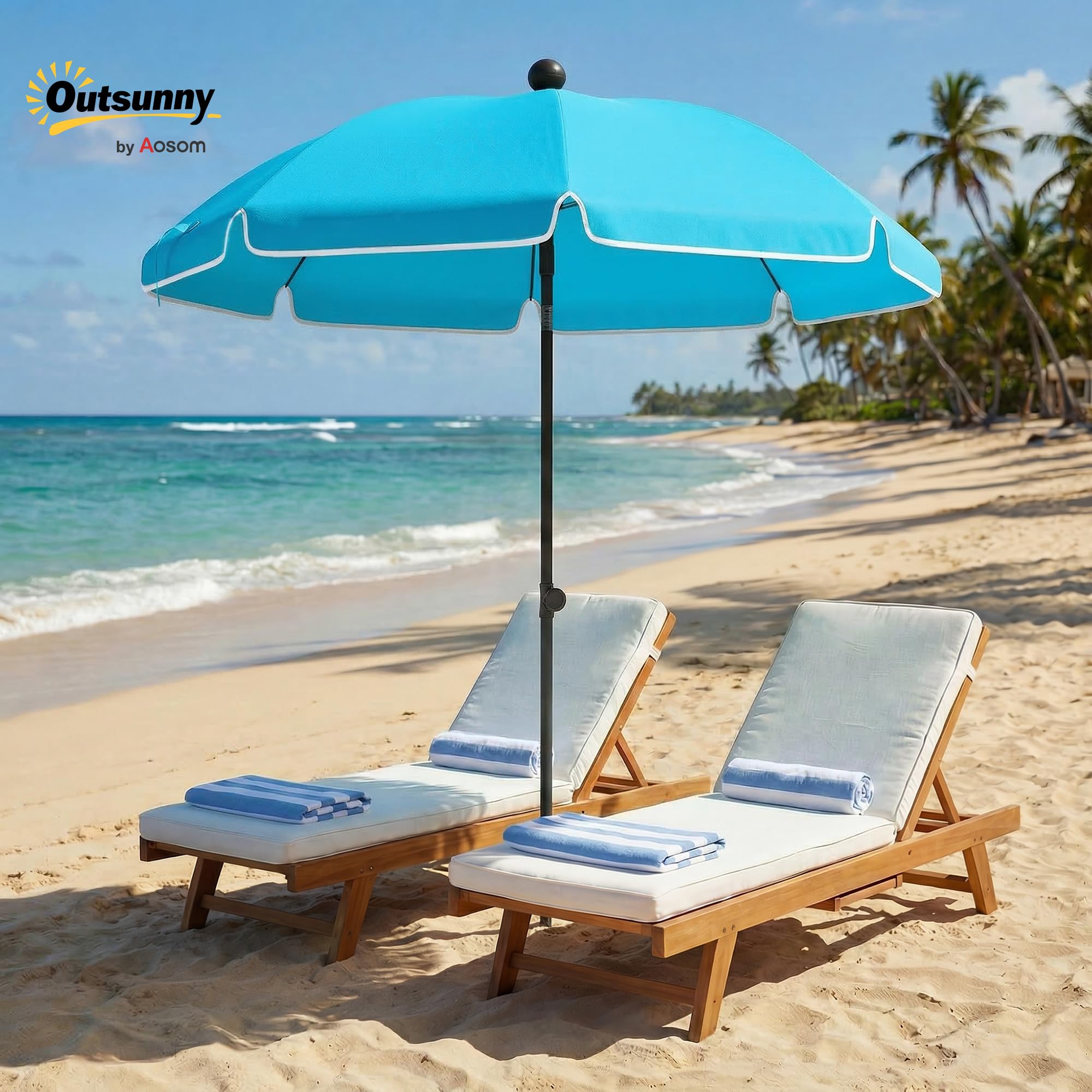 Outsunny Sonnenschirm Strand Ø150 cm Strandschirm mit Sonnenschutz wasserabweisend, Balkon-Schirm mit verstellbarem Neigungswinkel Sandanker, Tragetasche, Gartenschirm für Camping Reisen, Blau