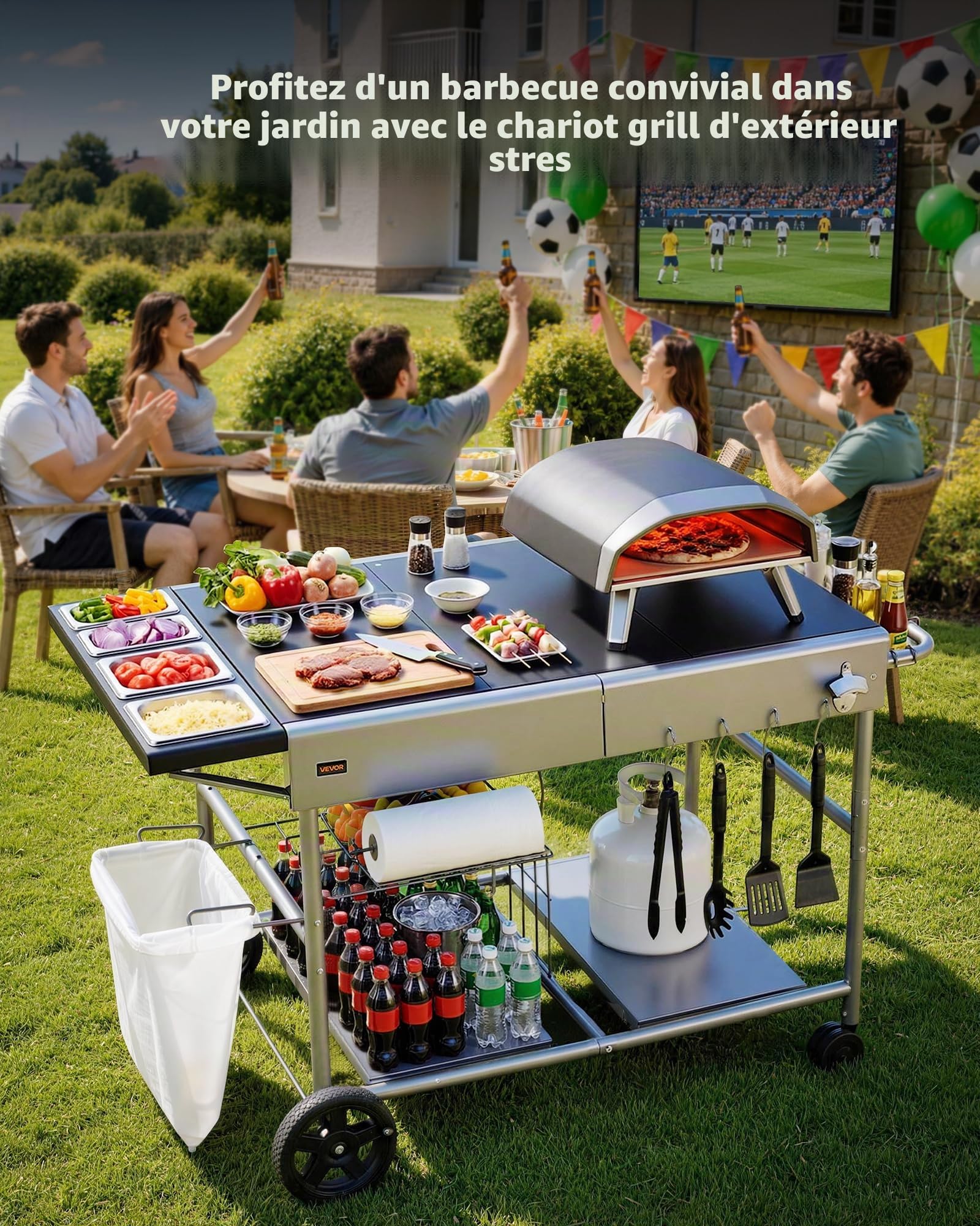 VEVOR Desserte de Jardin pour Plancha, Chariot de Barbecue 136x76x79 cm, pour Préparation de Cuisine BBQ Piques-niques Terrasse Extérieur, avec Roues, Récipients à Épices, Couvercles et Crochets