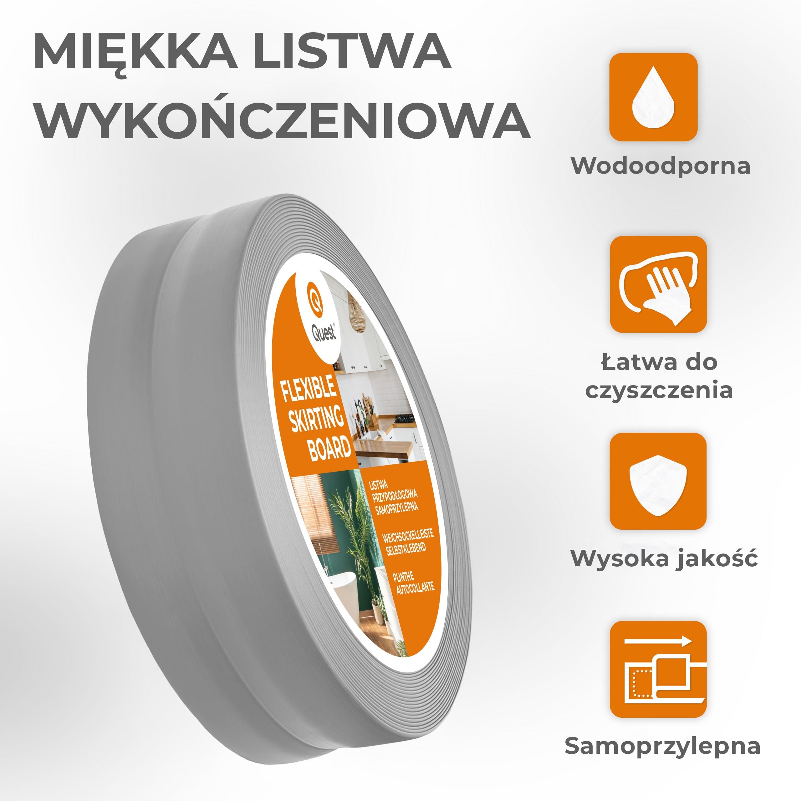 QUEST Listwa wykończeniowa PVC 25x25 mm, samoprzylepna, elastyczna, miękka taśma dekoracyjna, szary, 15 m