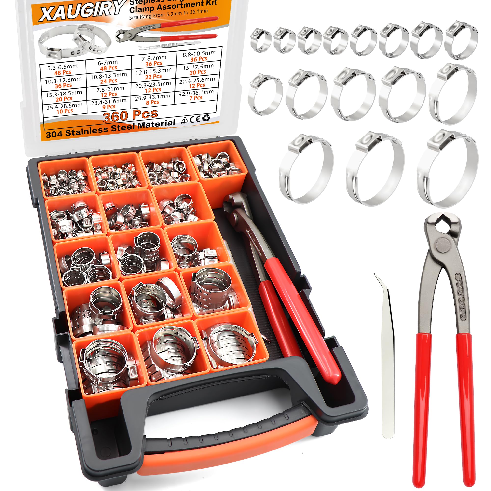 360Pcs Stepless Single Ear Hose Clamp Kit(5.3-36.1mm)with Tool for Pipeline