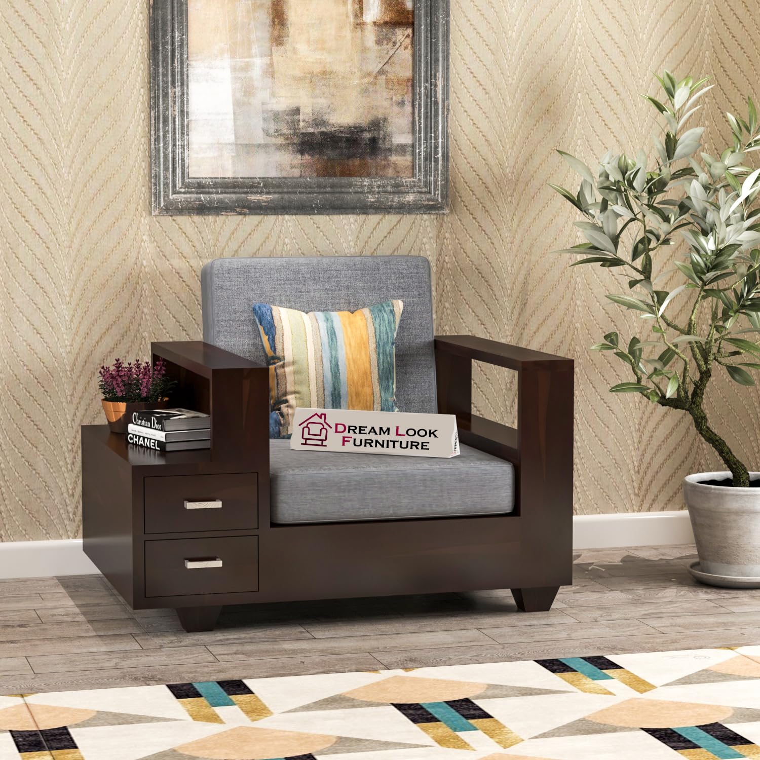 DREAM LOOK FURNITURE 1 Seater Sheesham Wood Sofa | Single Seater Sofa with 2 Drawer Storage| Wooden Sofa Set for Living Room and Office (Walnut Finish Grey Cushion)-image-8