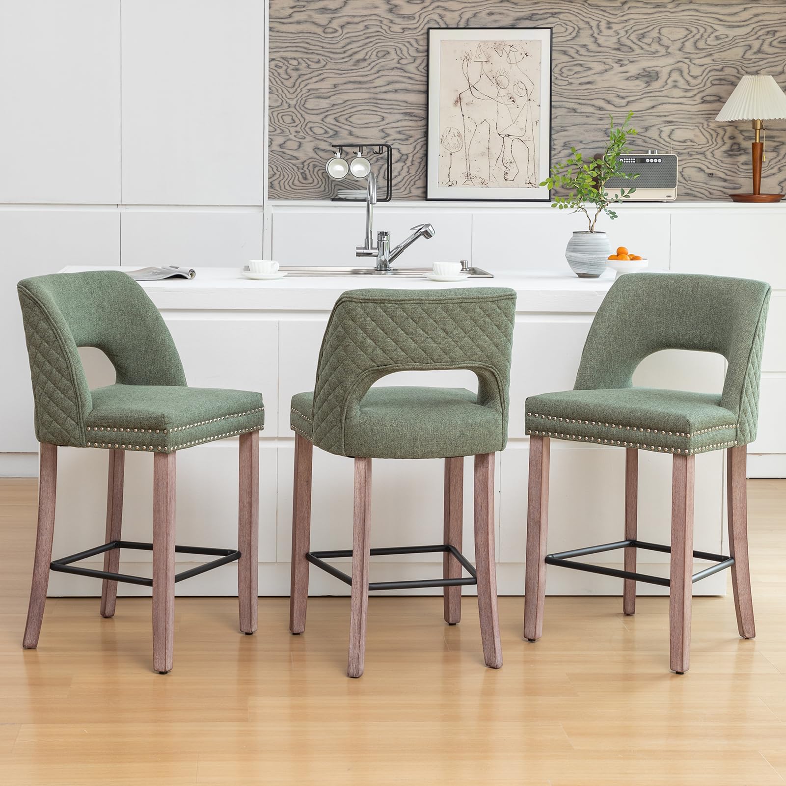 Reyxzoe Counter Height Bar Stools Set of 3, 26" Farmhouse Barstools with Wood Legs, Modern Upholstered Counter Stools for Kitchen Island, Dining Room,