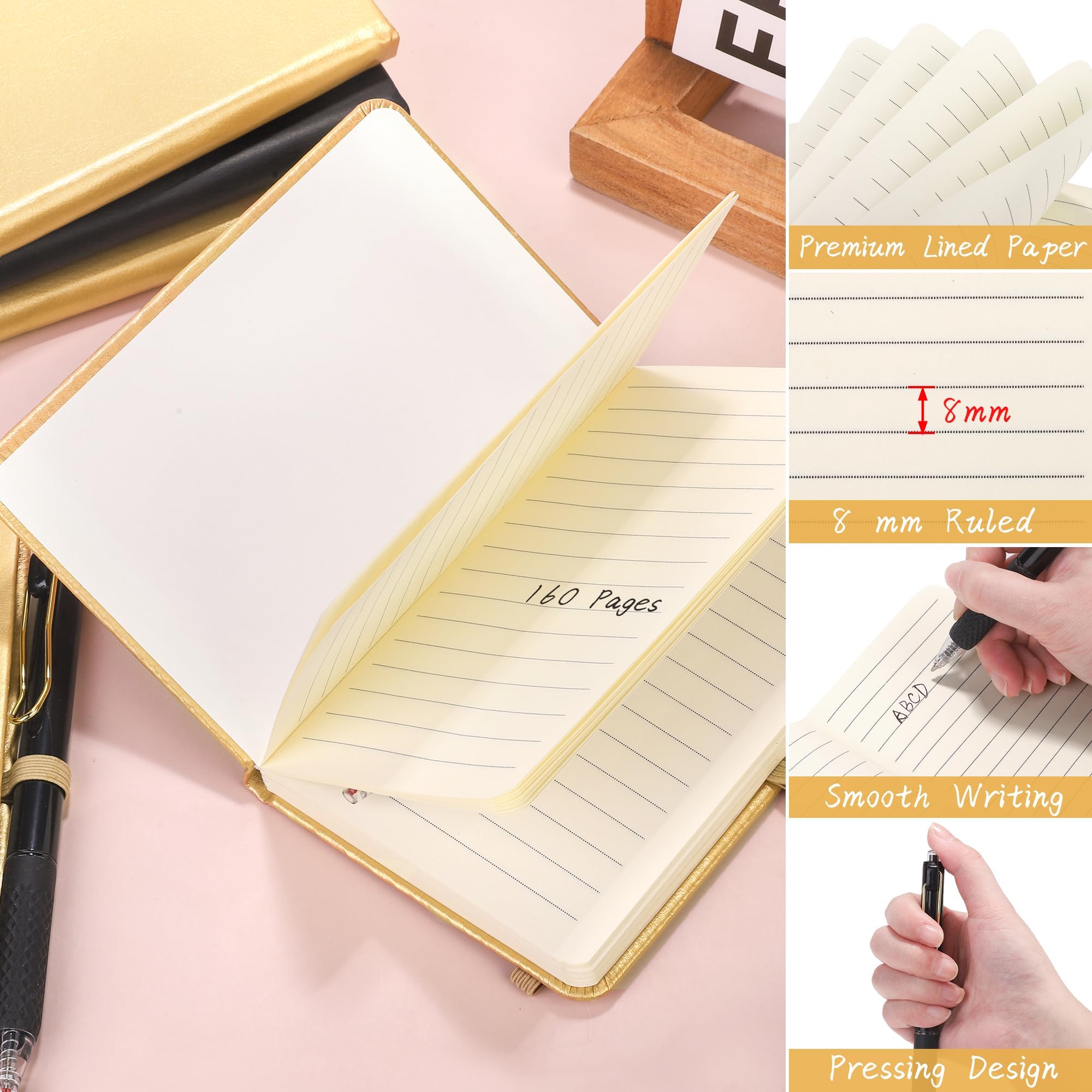 Aodaer 50 juegos de cuadernos de bolsillo con bolígrafos, 160 páginas, 3.5 x 5.5 pulgadas, mini cuaderno rayado A6, tapa dura de cuero con soporte para bolígrafo, para escuela, oficina, negro y dorado