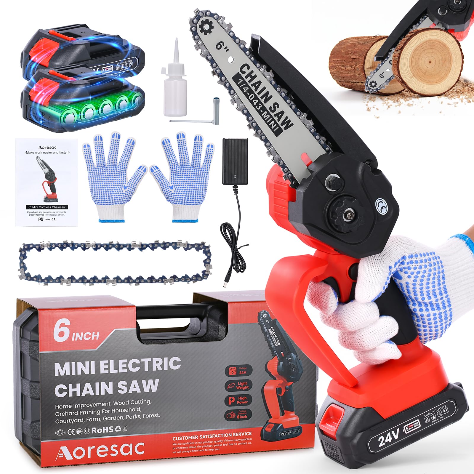 Aoresac Mini Motosierra Bateria 6 Pulgadas con 2 Baterías, Motosierra Eléctrica Bateria de Mano Inalámbrica para Ramas, arboles, Patio, Hogar, Jardin