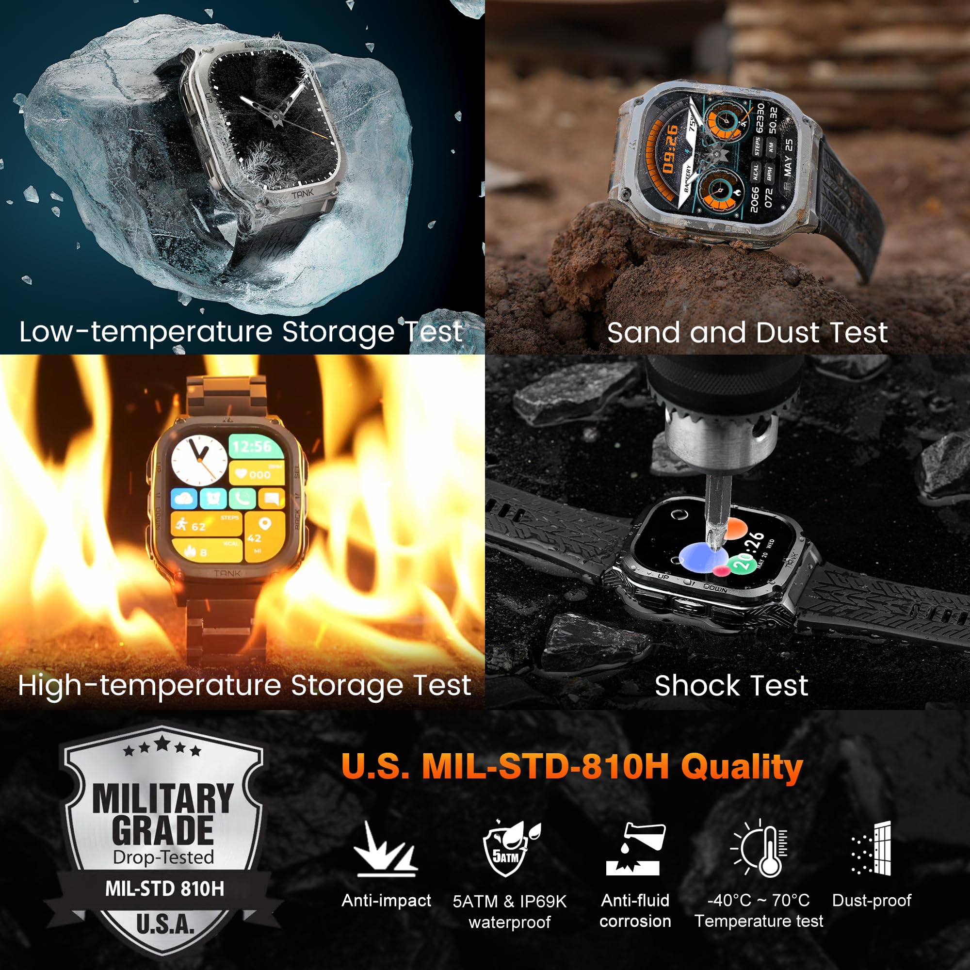 KOSPET TANK M3 Smartwatch Uomo, 1.96" AMOLED HD Display, Orologio Uomo Rispondere/Fare Chiamate, 170 Modalità Sportive, 5ATM Impermeabile, Corpo in Acciaio Inox Metallico per Android/iOS (Argento)