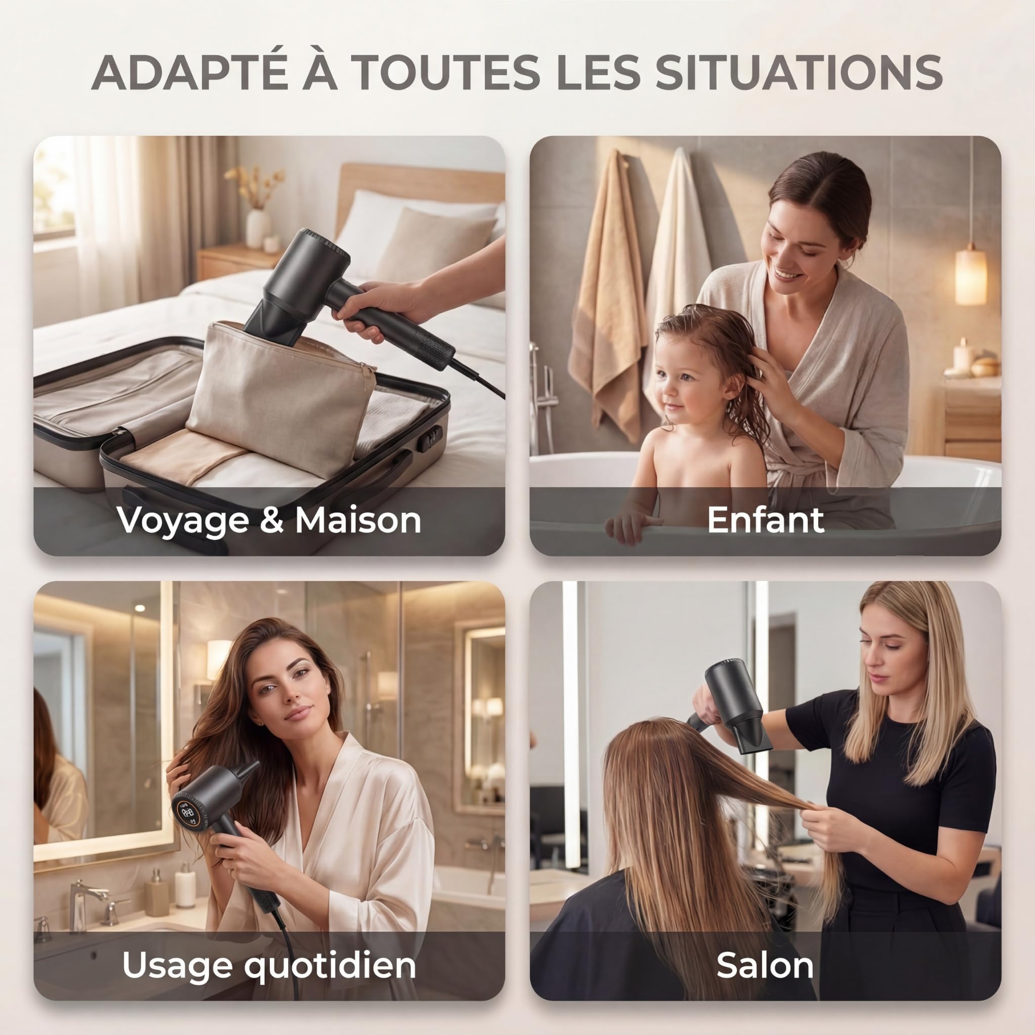 Sèche Cheveux Ionique Professionnel, Moteur Haute Vitesse 110 000 tr/min, Séchage Rapide, 300 Millions Ions Négatifs, 59 dB Silencieux, Léger 348 g, Contrôle Température, Diffuseur Magnétique