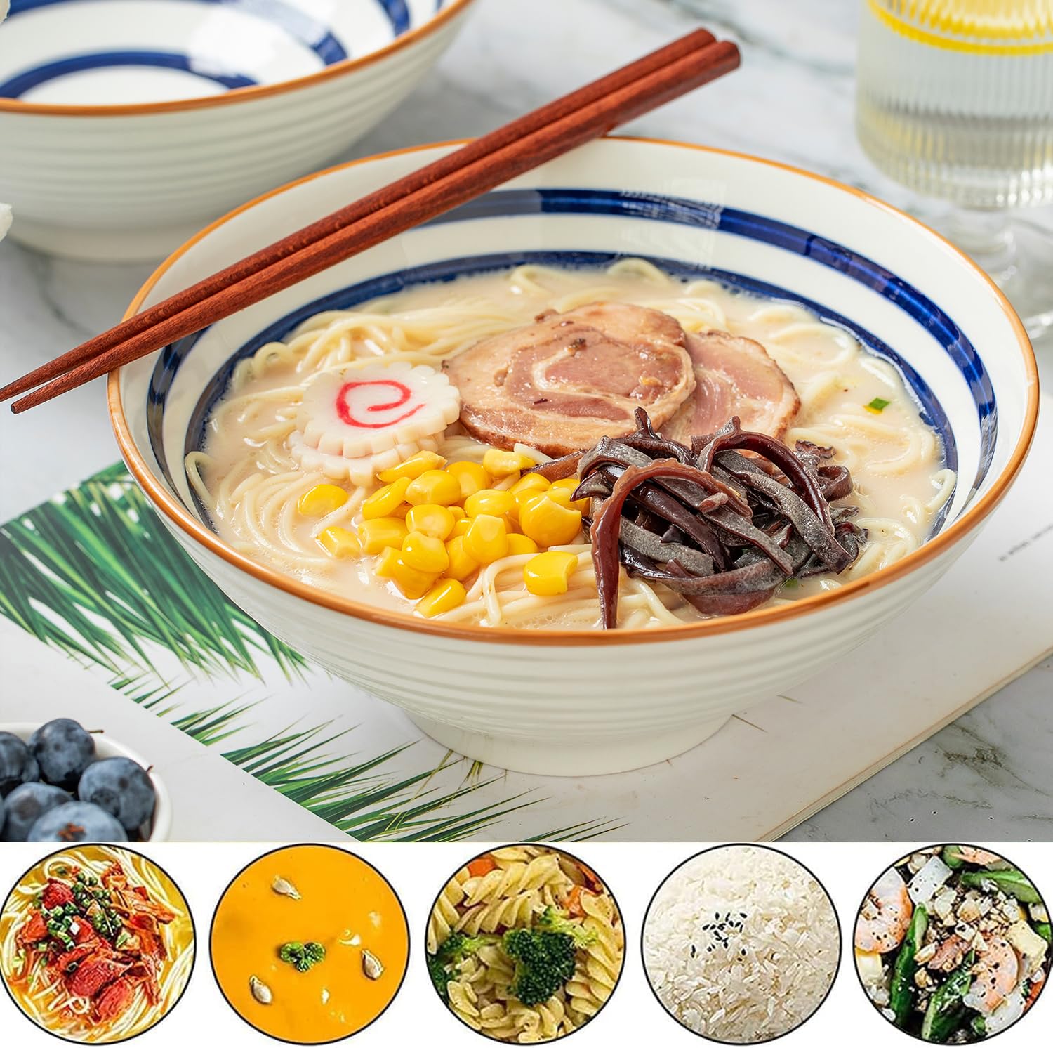 Ramen Bowl Set di ciotole giapponesi,1200 ml Ciotole Giapponesi per Ramen, 2 Set Giapponese Ramen Ciotola con Bacchette e cucchiai,Ciotola di Ceramica per Ramen, Insalata, Muesli