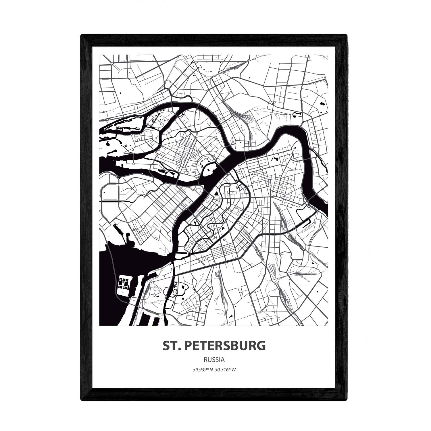 Nacnic Poster with map of St. Petersburg - Russia. Asian cities sheets with seas and rivers in black color. A3 size