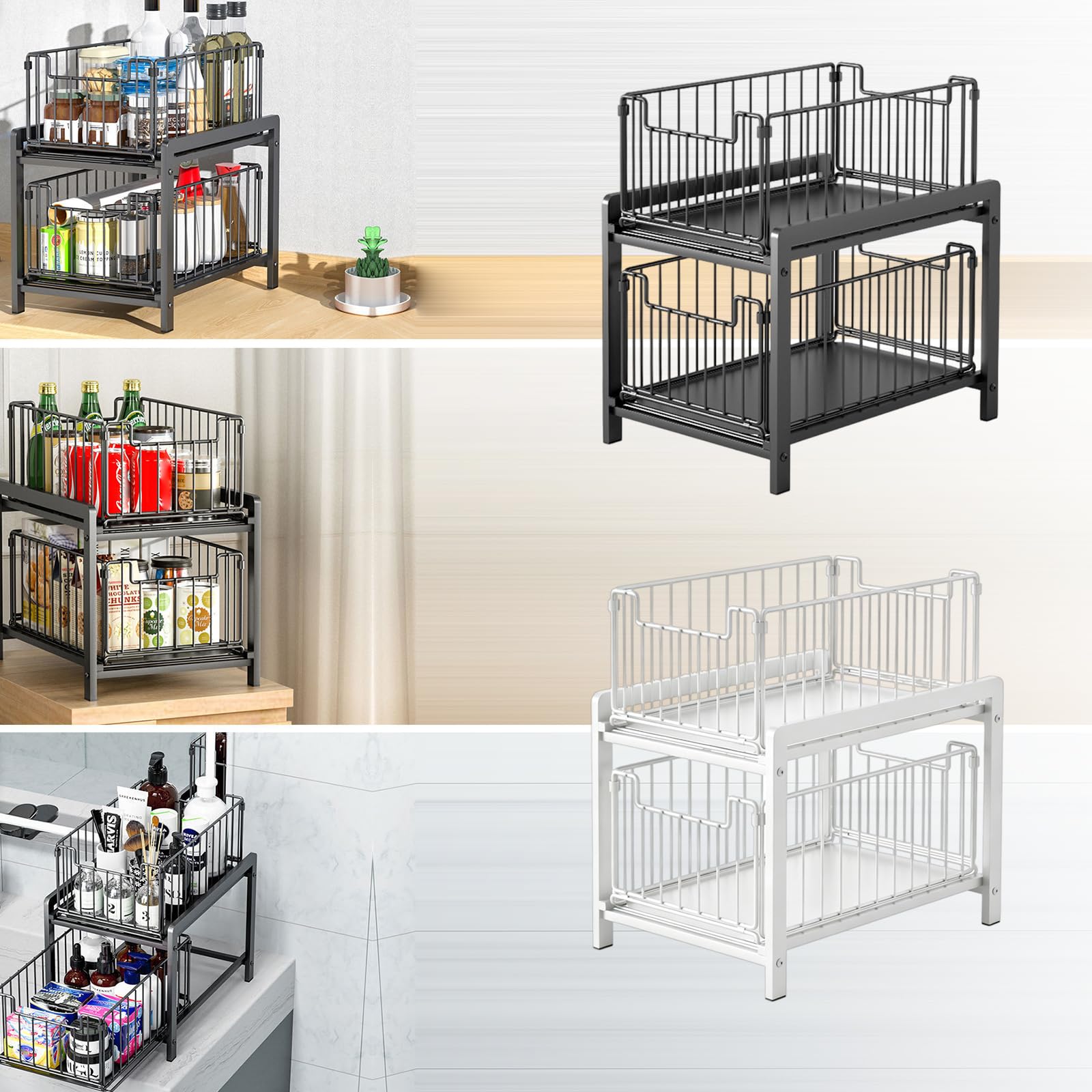 Estante de almacenamiento debajo del lavabo que ahorra espacio, 2 cestas deslizantes para una configuración eficiente de la cocina