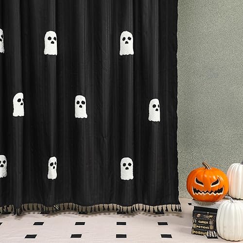 Miniatura 6 de Cortina de ducha fantasma de Halloween, 72 x 72 pulgadas, cortina de ducha de algodón espeluznante y divertida con 12 ganchos para Halloween, baño,