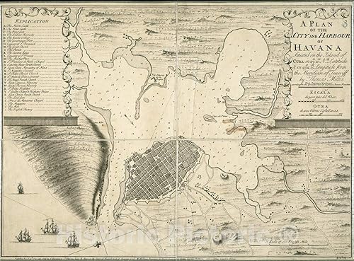 Mapa histórico, 1739 Un plan de la ciudad y el puerto de La Habana situado en la isla de Cuba, arte de pared vintage 24 x 18 pulgadas