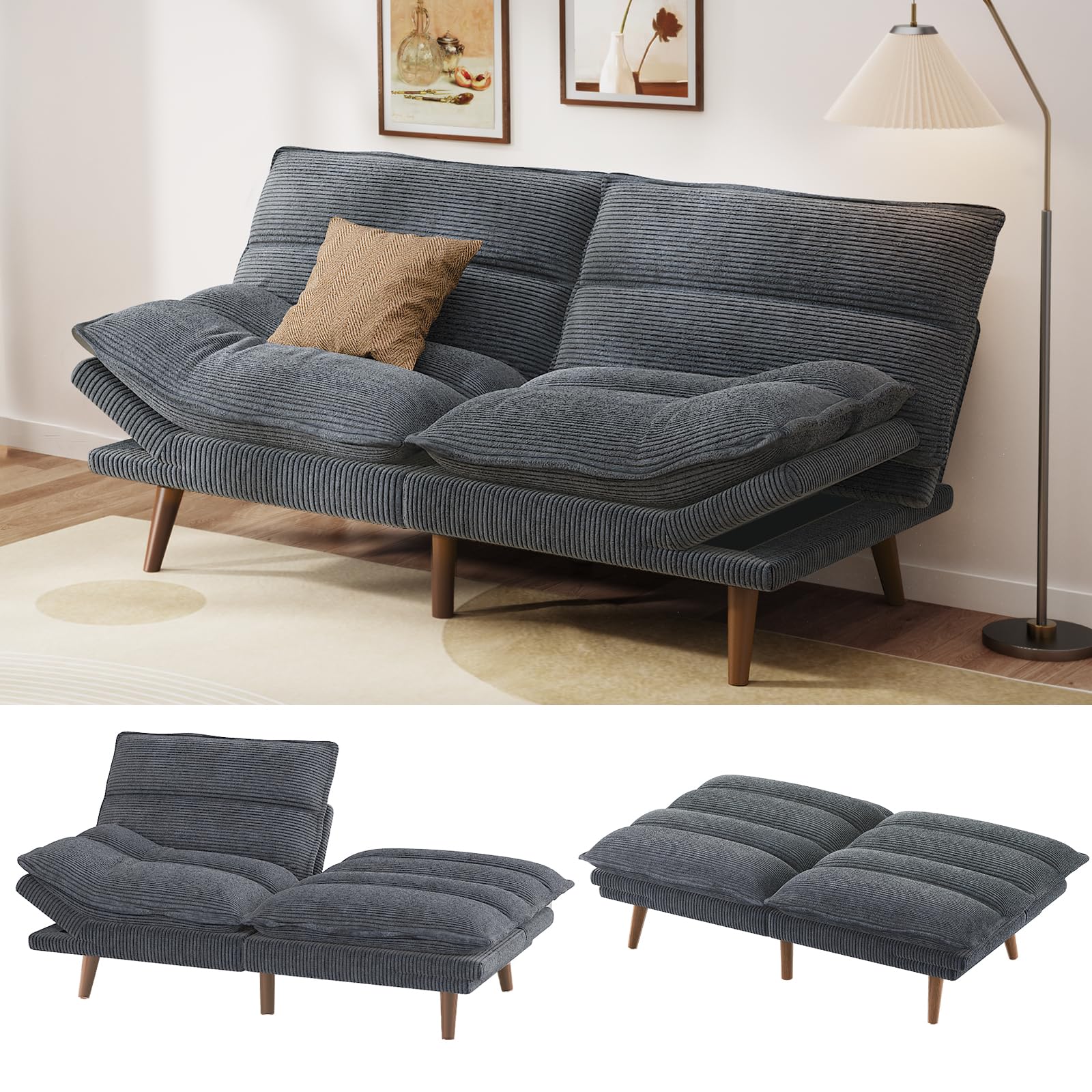 Amada 66" Convertible Futon Sofa Bed, Corduroy Loveseat Sleeper Couch with Adjustable Backrest &amp; Armrests, Memory Foam Folding Recliner for Living Room, Apartment, Office, Asphalt Grey