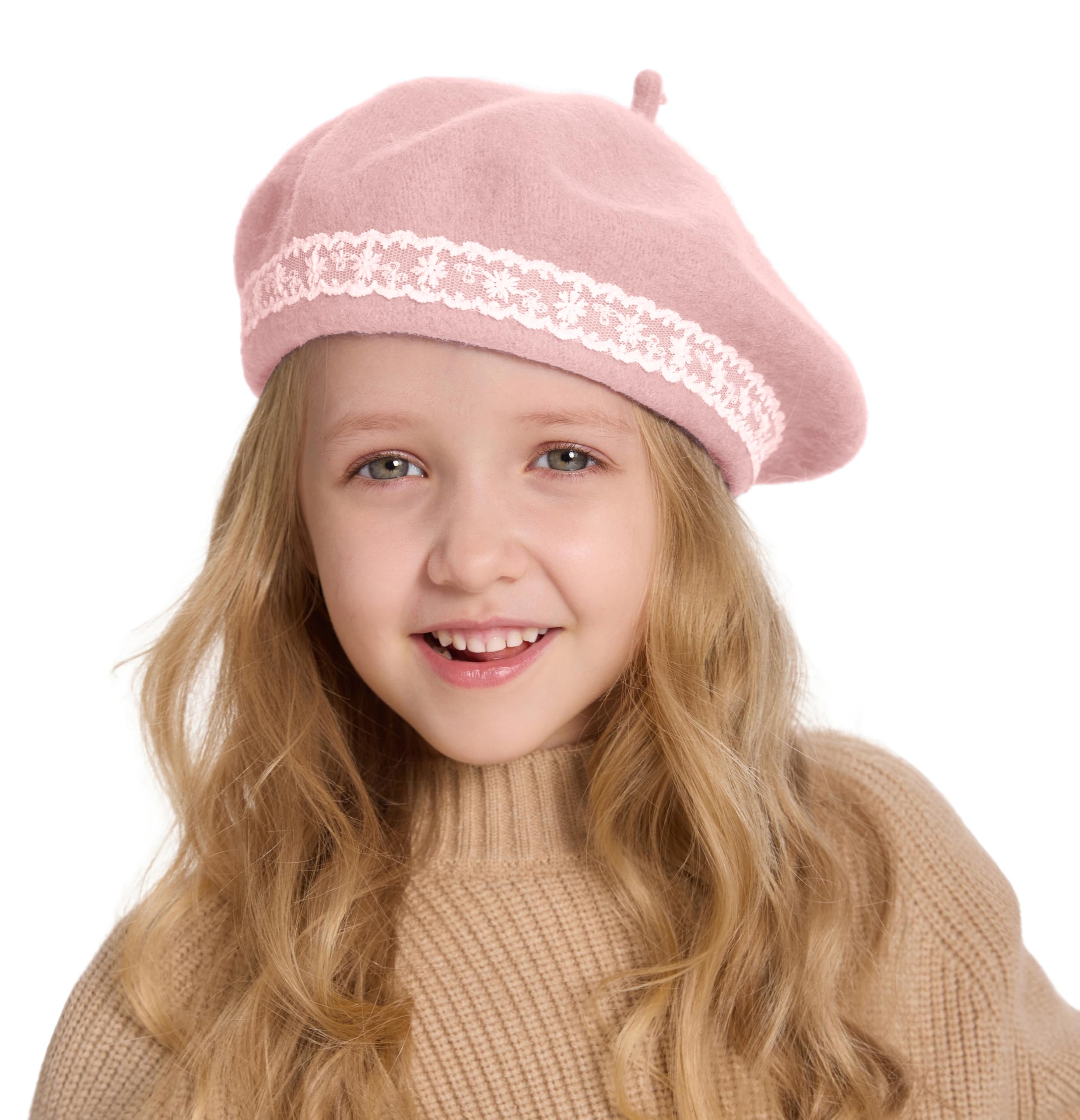 ZLYC Wool Kids Beret Hat Girls Solid Color Artist French Beret Cap(Lace Pink),One Size