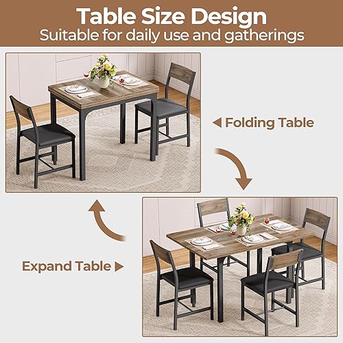 Miniatura 5 de IRONCK Juego de 4 mesas de comedor de 5 piezas para 4, sillas extensibles de mesa de cocina, mesa de comedor con 4 sillas tapizadas, plegable para