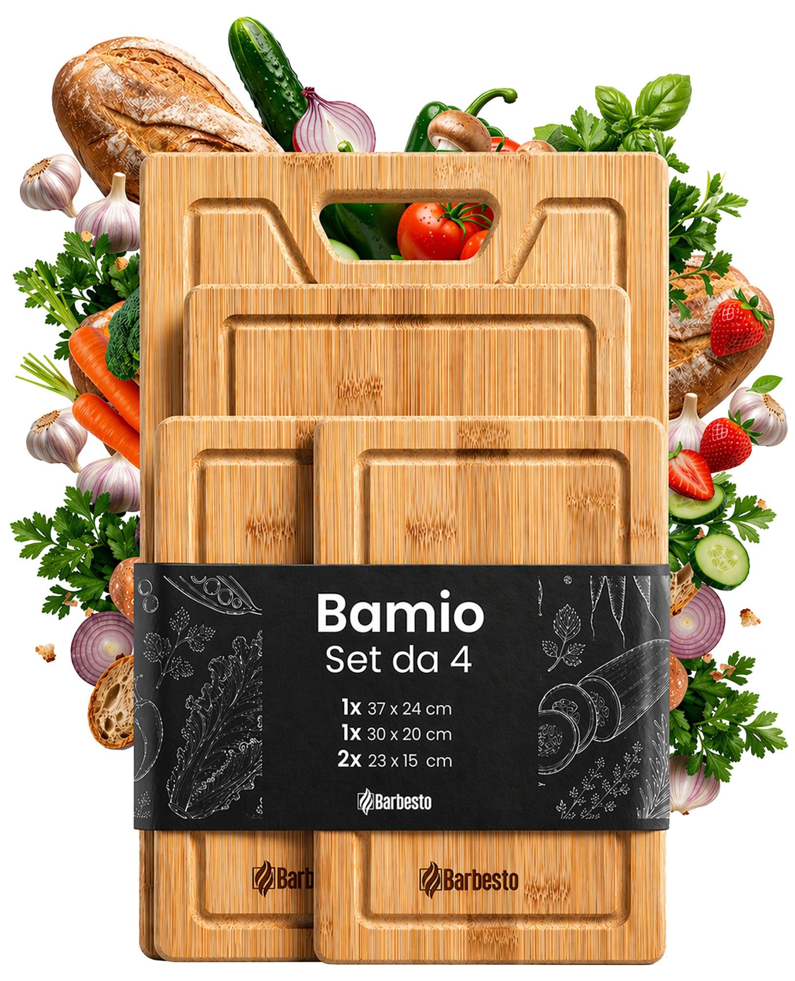 CLP Set 4 Taglieri Bamio in Bambù, Salva Lame, Antibatterico, Spessi, con Scanalatura Raccogli-Goccia Colore natura