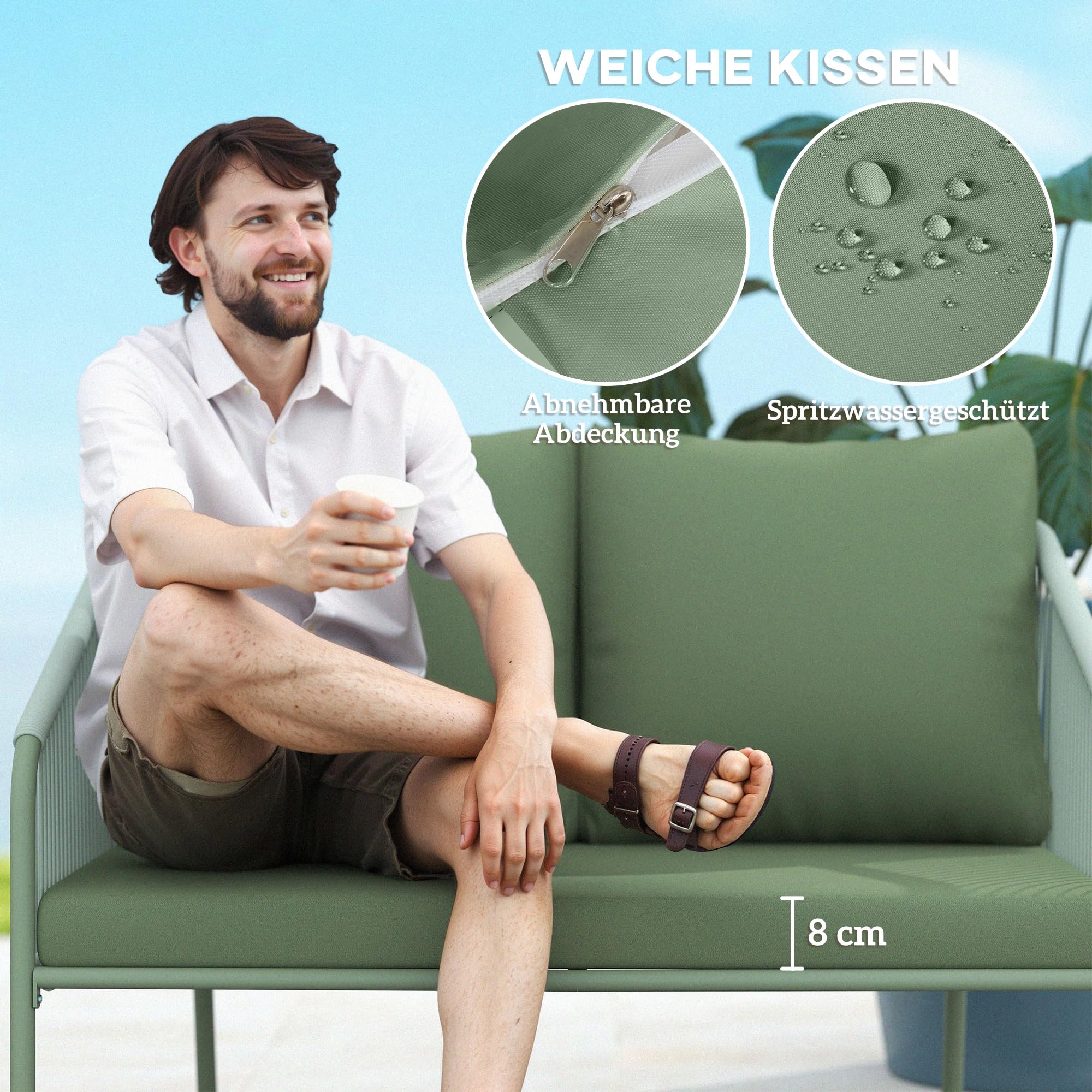 Outsunny Gartensofa 2-Sitzer Rattansofa mit Kissen Loungesofa Sitzgruppe, Wetterfest Couch für Garten Terrasse Balkon, Poly Rattan Grün