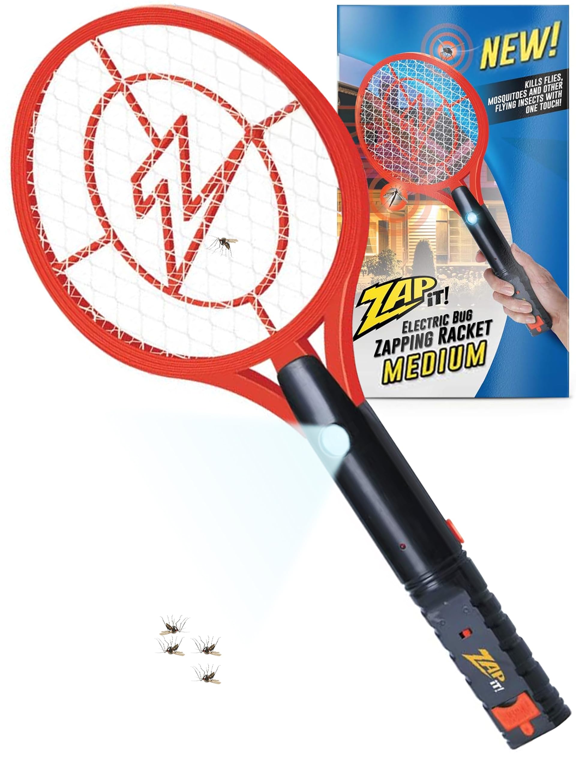ZAP IT! Racchetta elettrica ricaricabile per mosche, 4.000 Volt, con cavo di ricarica USB e luce LED, rete a 3 strati di sicurezza media, rossa, per interni ed esterni