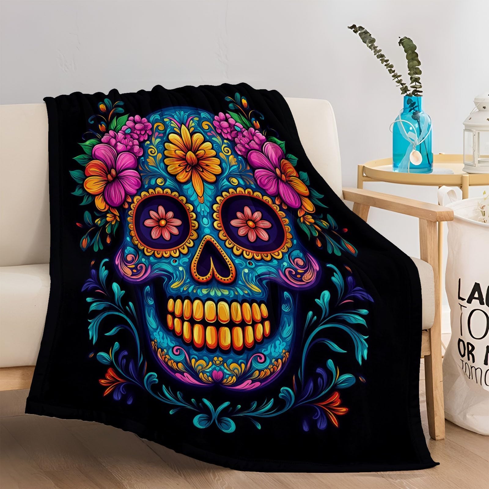 Manta Franela para Cama Manta para Sofá Suaves 100% Microfibra Grande Vistoso Flannel Blanket Abstracto Flores Calavera Manta Invierno Calentitas 220 x 240 cm