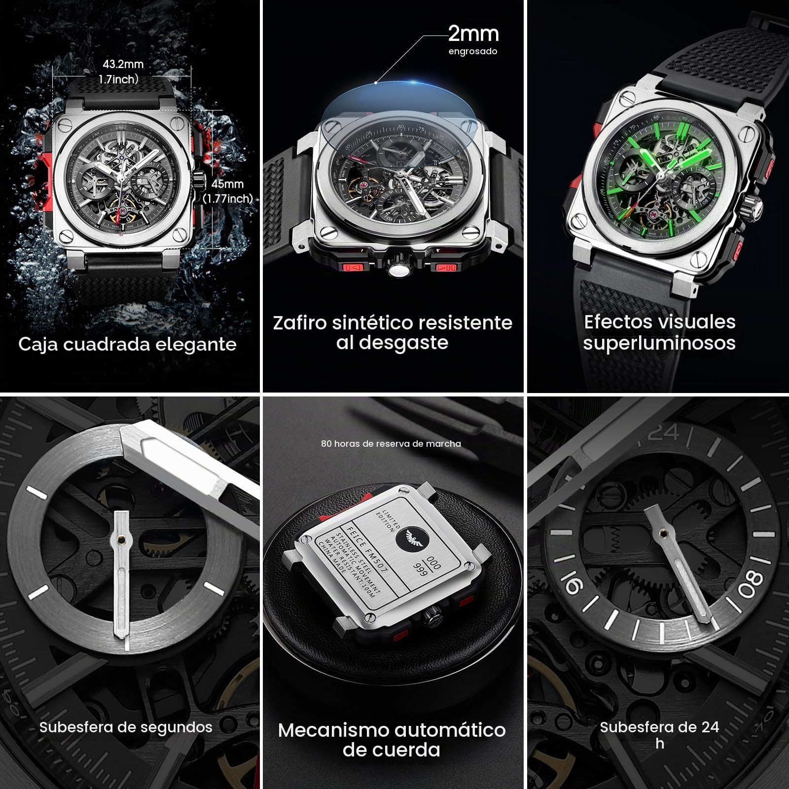FEICE FM507 Reloj de Pulsera de Hombre Automático Esqueleto Cuadrado Negro