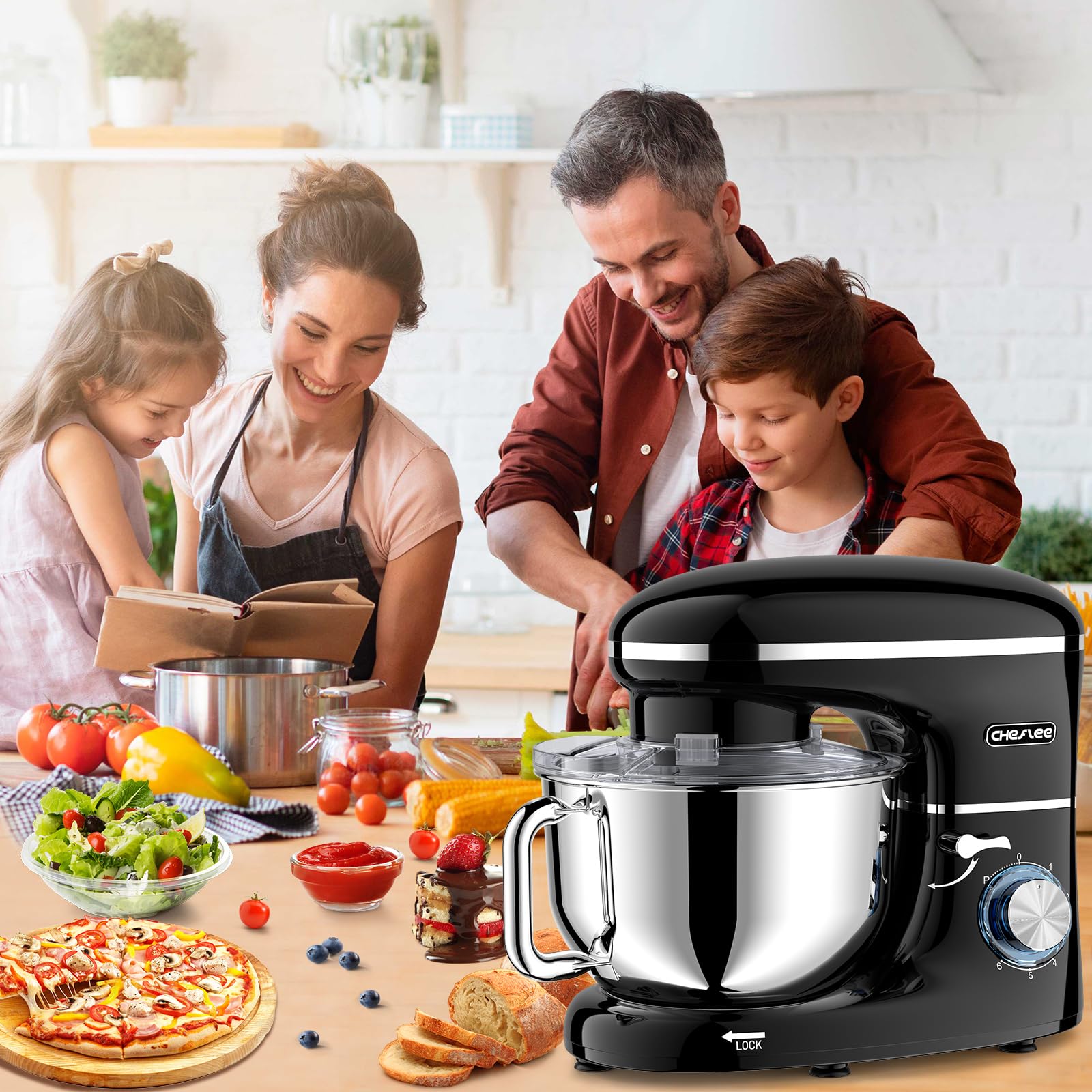 CHeflee Impastatrice Planetaria,2000W Robot da Cucina Multifunzione,6.2 L Ciotola in Acciaio inox,con Frusta,Gancio per Impastare,Frusta per Dolci,6 Velocità Impastatrice Professionale