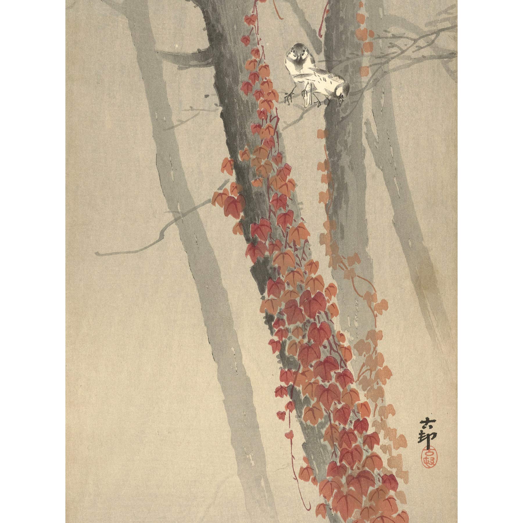 Artery8 Ohara Koson Red Ivy Japanese Painting Premium Wall Art Canvas Print 18X24 Inch