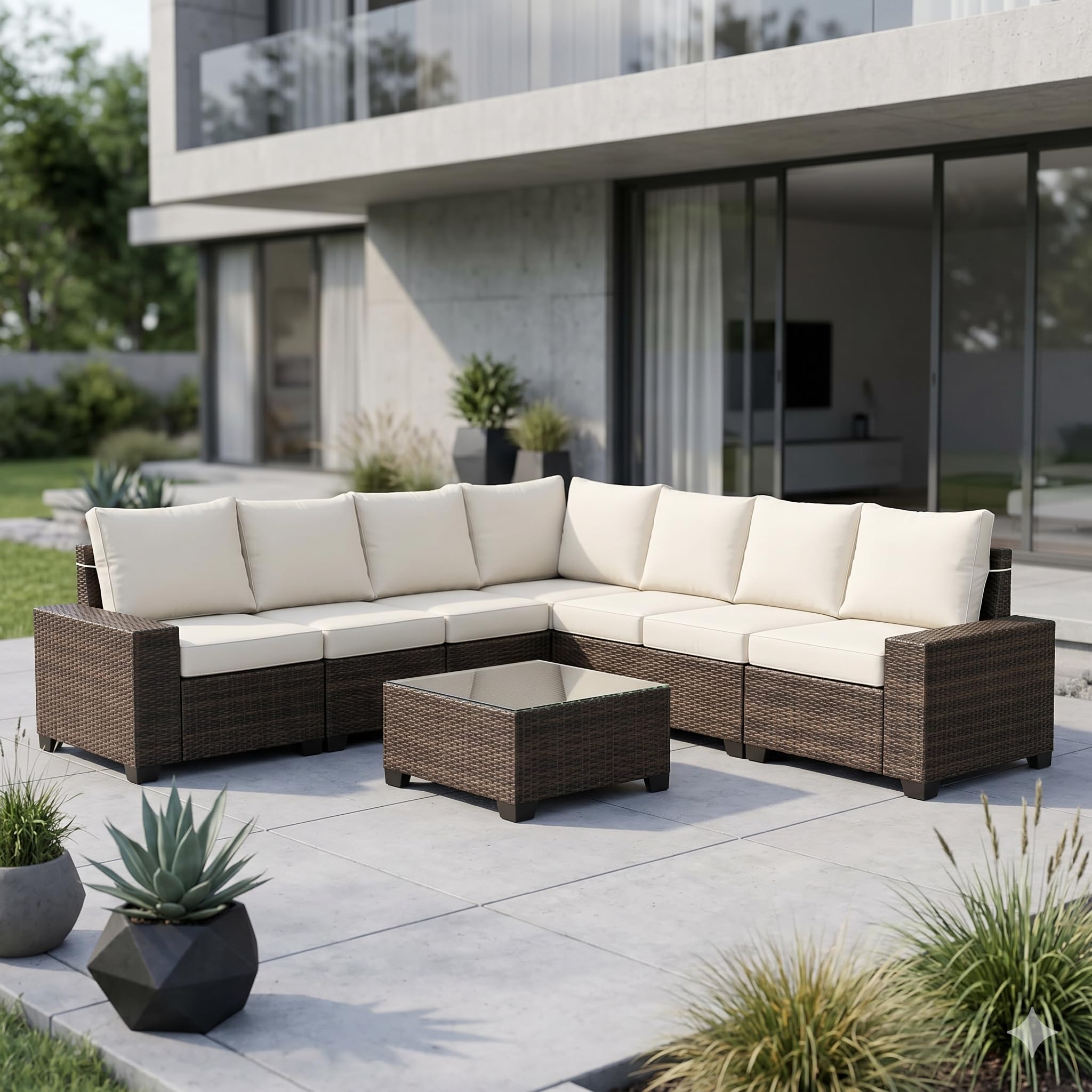 CONCEPT USINE Salon de Jardin d'angle Modulable 7 Places Résine Marron