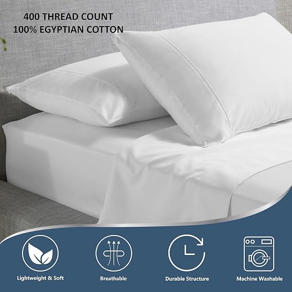 Percale 400 Thread Count Queen Size Sheets 100% Egyptian Cotton 4 PC Sheet Set, Crisp & Cool Percale Weave, Fits Upto 12 Inch Deep Pocket Mattress - White