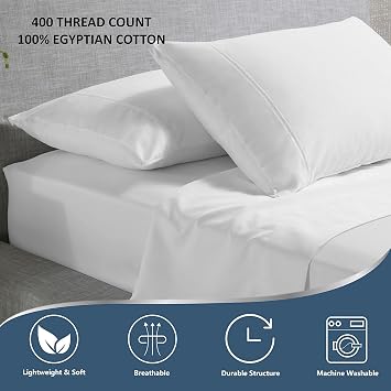 Percale 400 Thread Count Queen Size Sheets 100% Egyptian Cotton 4 PC Sheet Set, Crisp & Cool Percale Weave, Fits Upto 12 Inch Deep Pocket Mattress - White